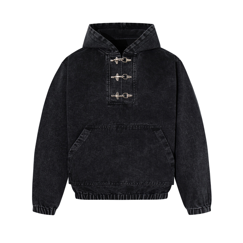 Front view of black washed denim hoodie with three metal toggle closures and kangaroo pocket