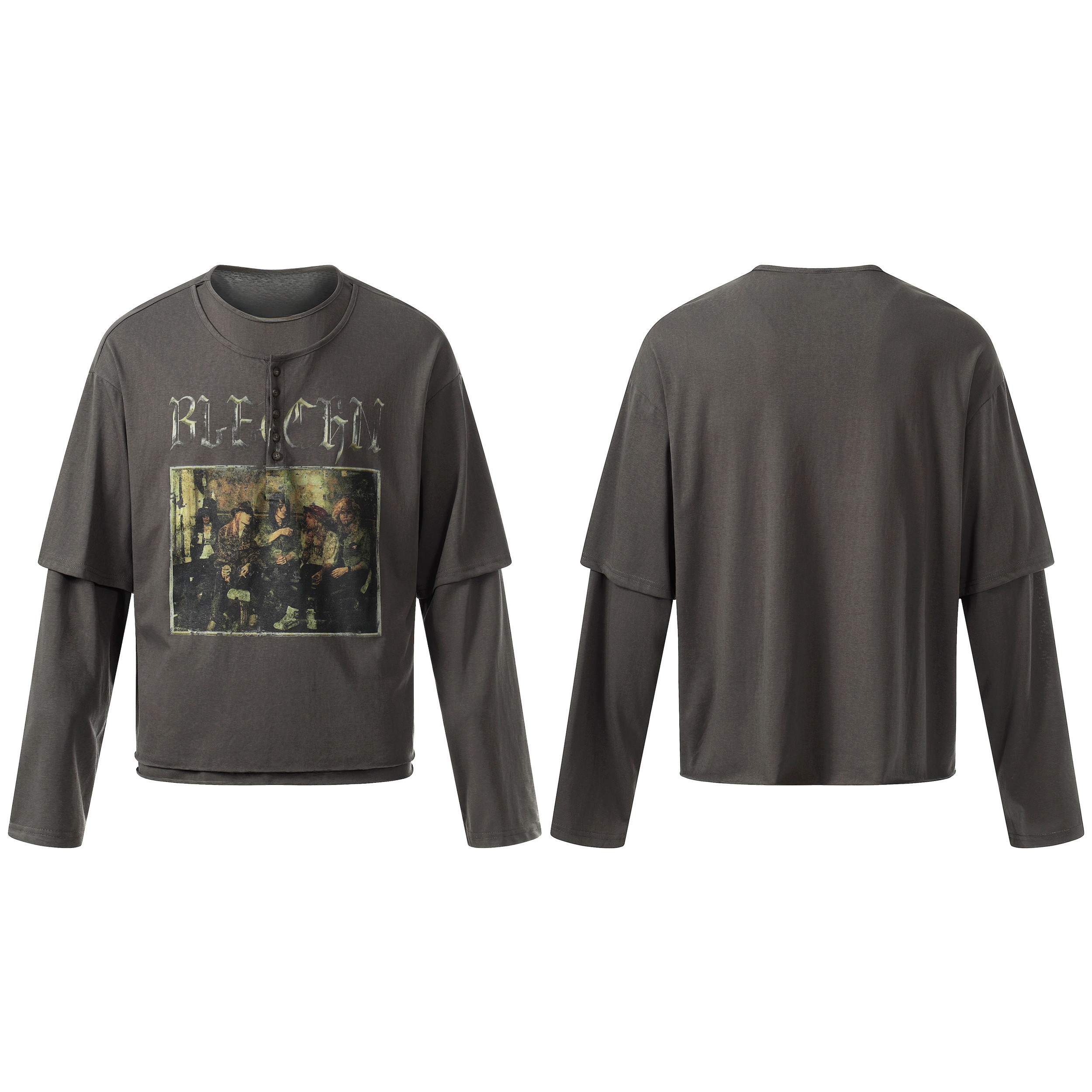 Charcoal grey layered graphic long sleeve tee with gothic lettering and vintage band photo print, front and back view