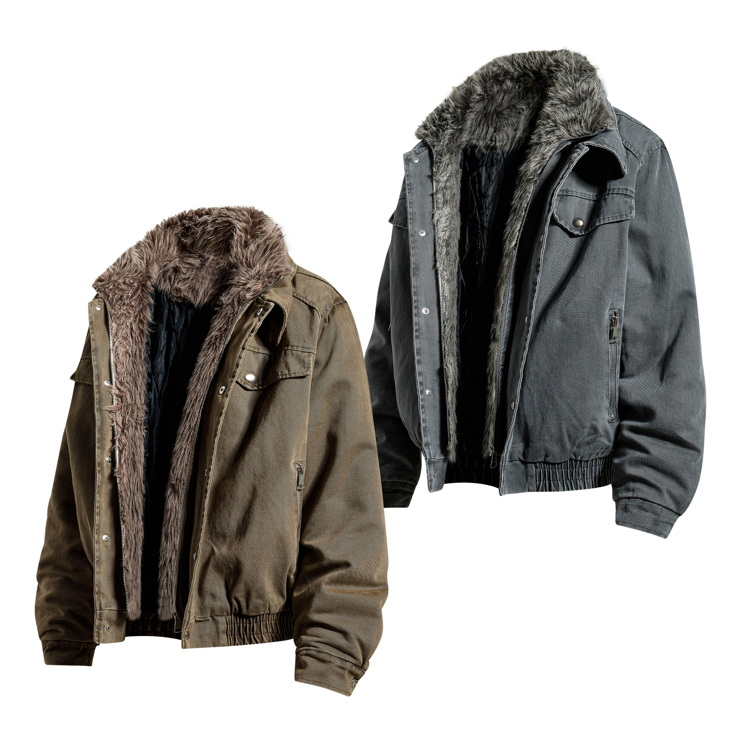 Omirad Layered Utility Bomber Jacket with Faux Fur Collar