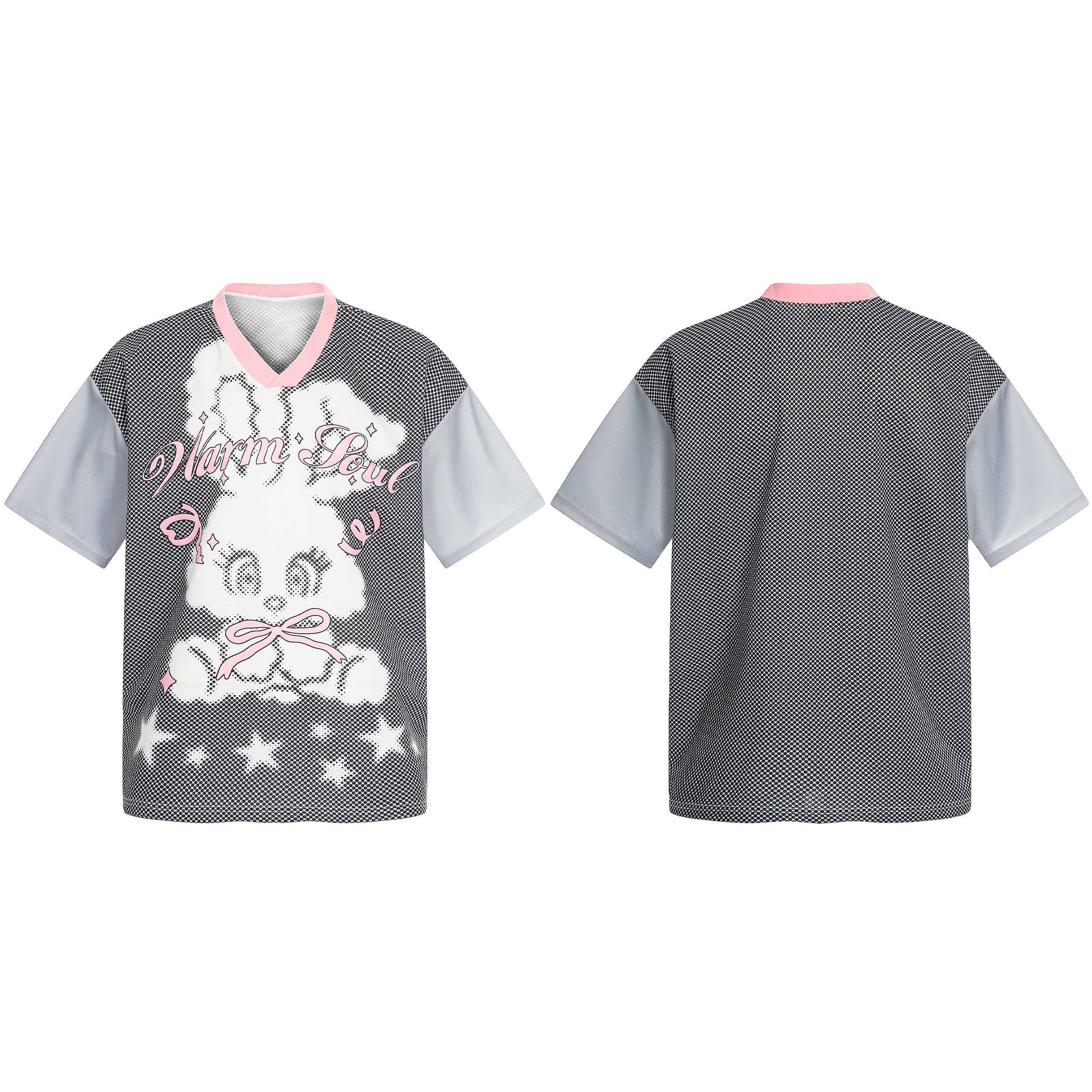 Omirad Warm Love mesh jersey front and back view showing halftone bunny graphic, pink collar, grey sleeves, and star hem prin
