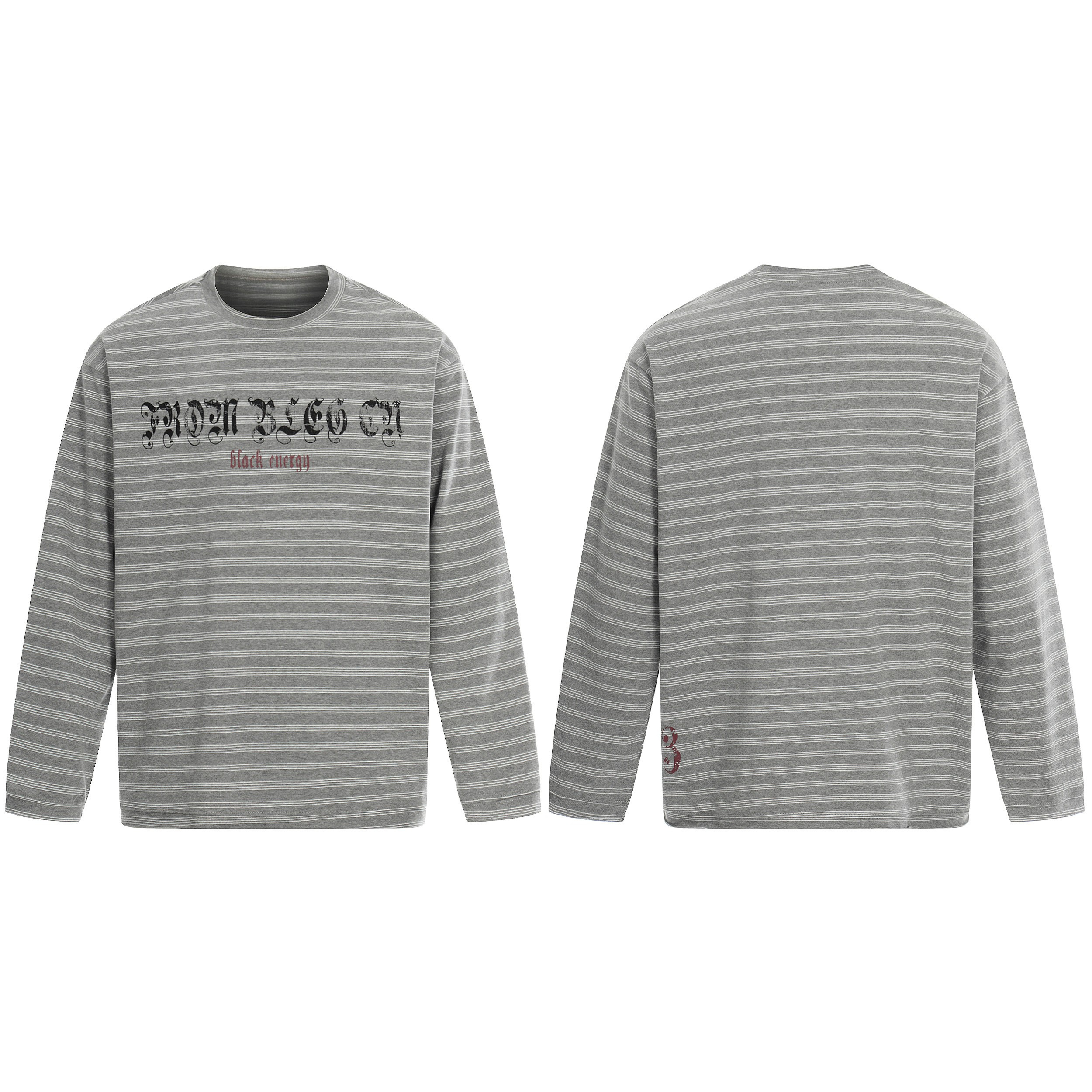 Grey horizontal striped long sleeve tee with distressed gothic logo print on chest, front and back view