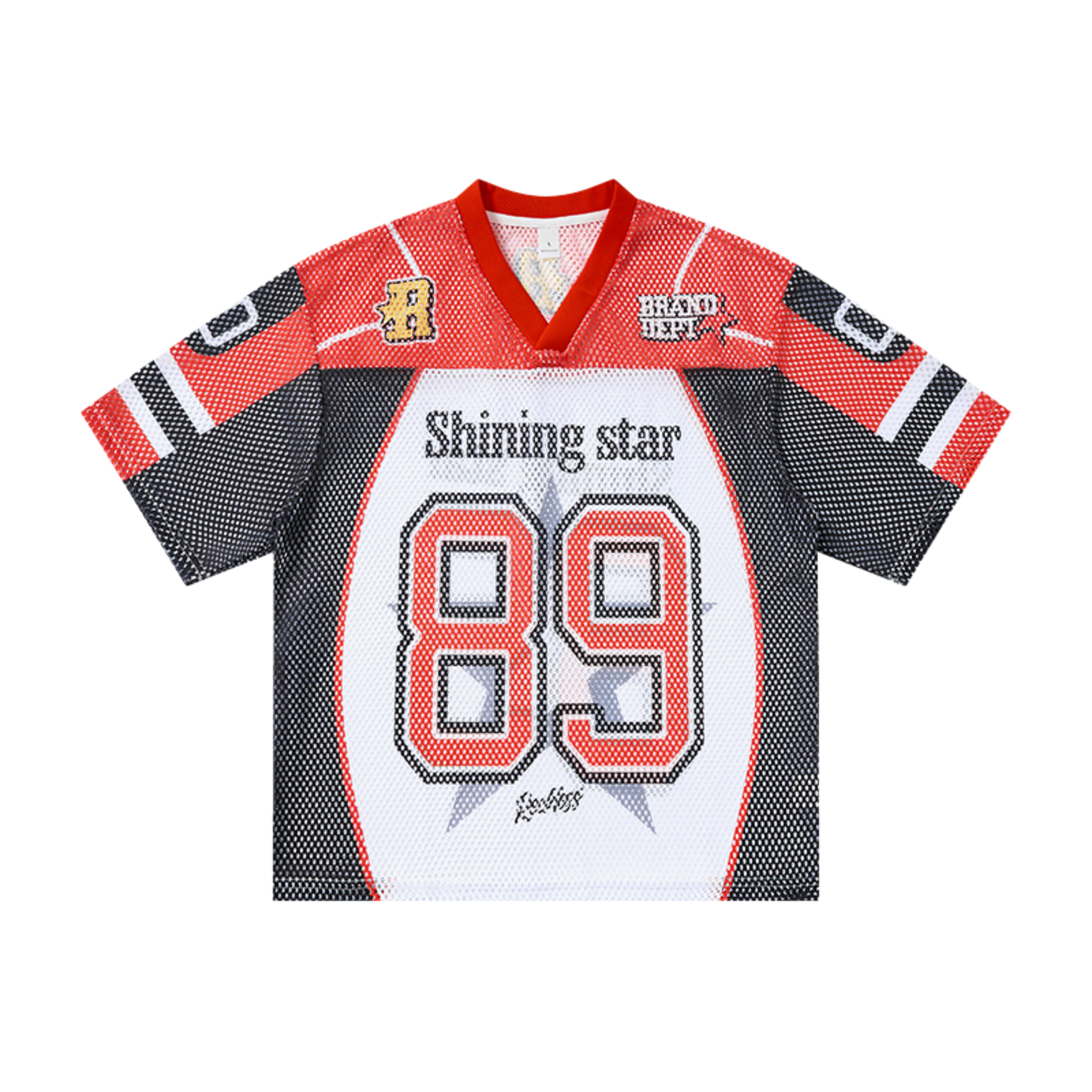 Red black and white mesh football jersey with Shining Star 89 varsity graphic and color block design