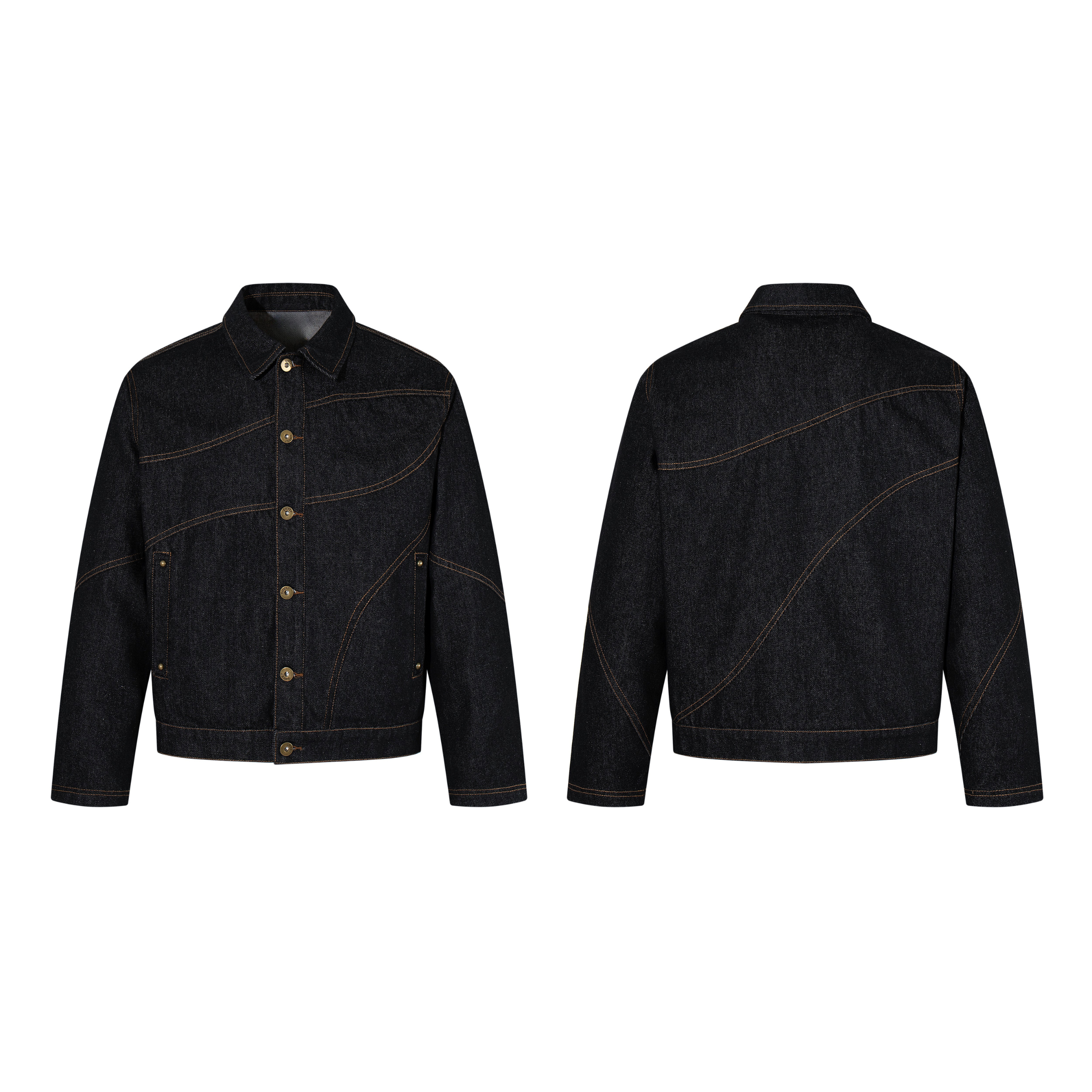 Omirad dark indigo denim jacket with curved amber topstitched seams and brass buttons, front and back view