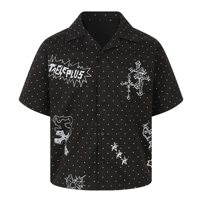 Black camp collar shirt with white polka dots and cross graphics, front view