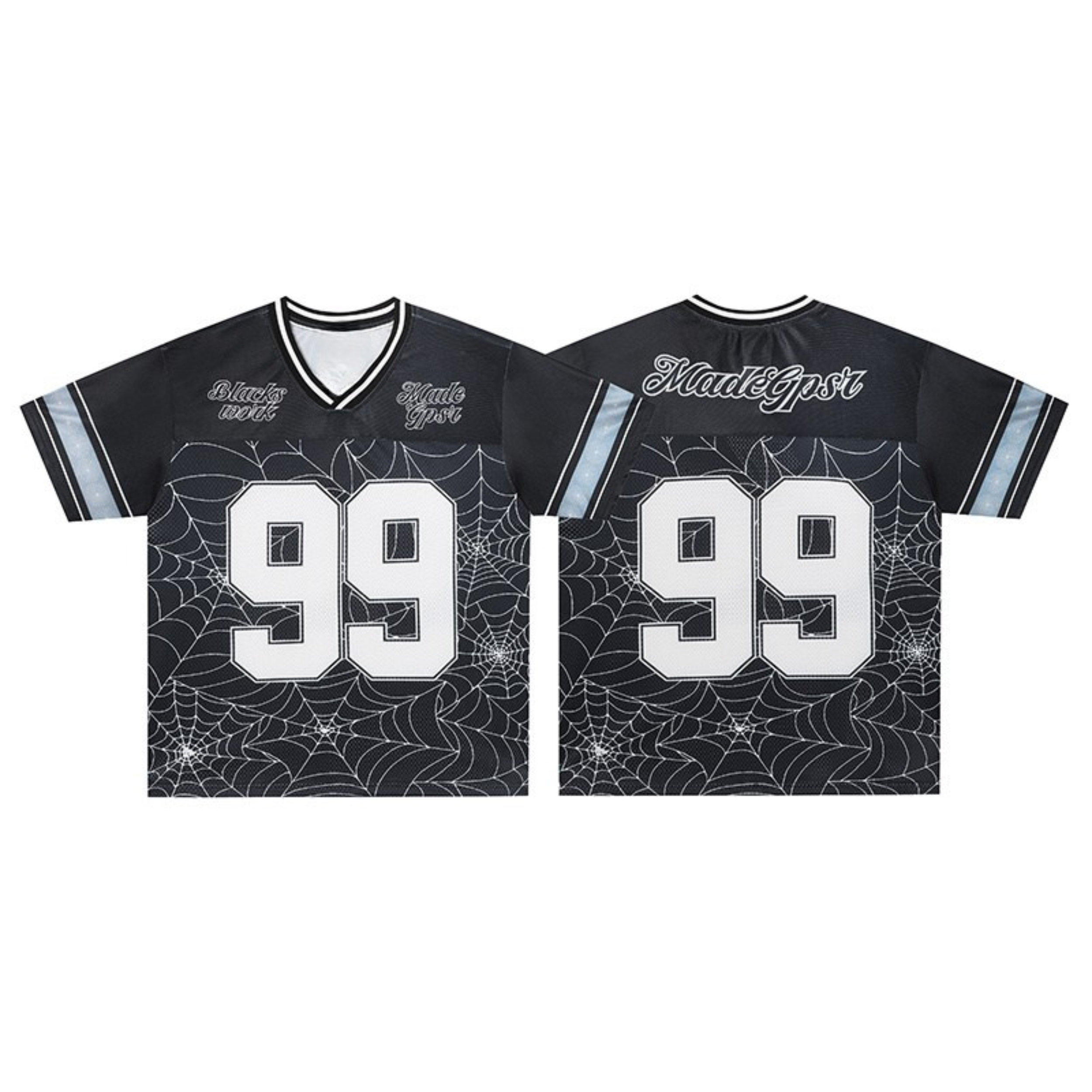 Front and back view of black mesh football jersey with spider web graphic and white number 99 print