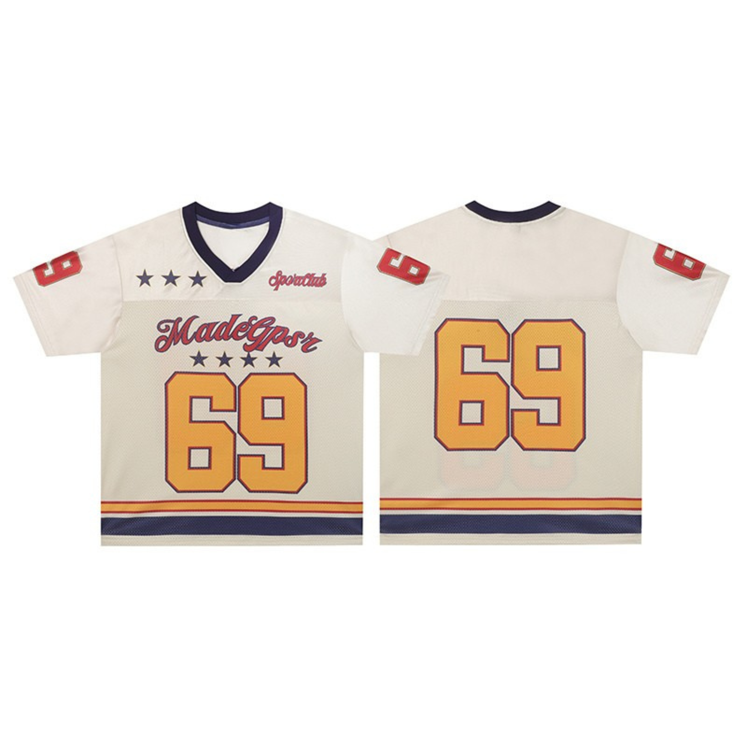 Front and back view of cream retro football jersey with gold 69 number, star accents, and navy trim