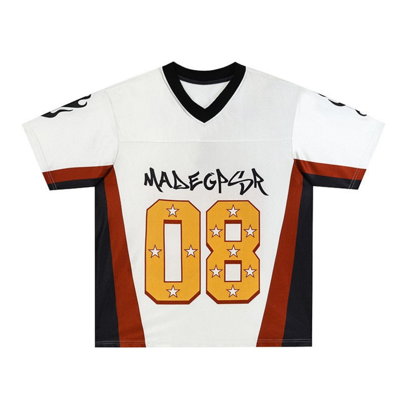 White streetwear football jersey with black V-neck, orange side panels, and bold star-studded number 08 graphic on front