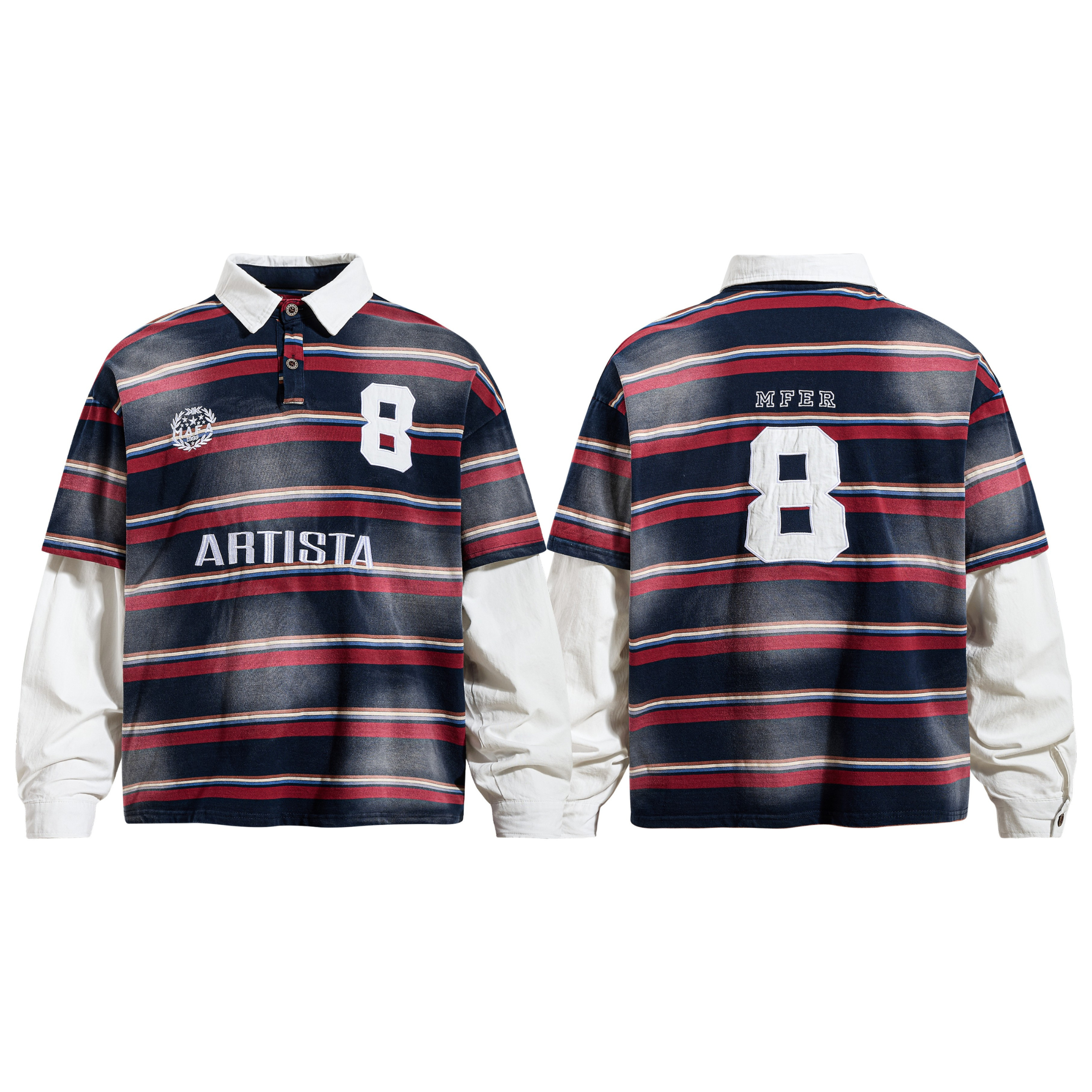 Front and back view of the Artista navy striped rugby polo with white layered long sleeves and number 8 patch