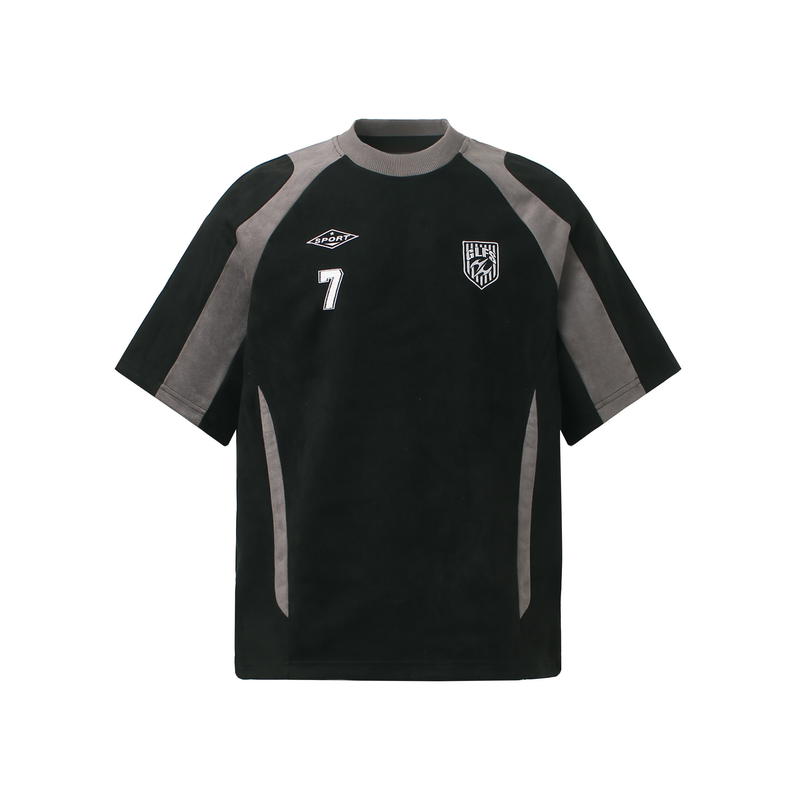 Black Seakoff sport tee with gray panel accents, short sleeves, and varsity-style chest graphics on a white background
