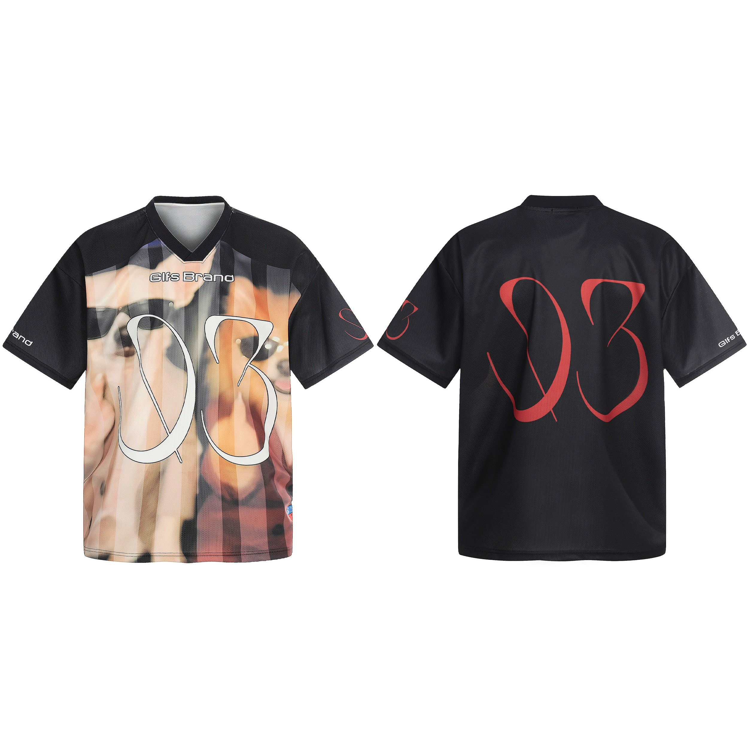 Front and back view of Omirad Abstract Portrait Mesh Jersey with blurred portrait graphic and red 03 logo on black mesh