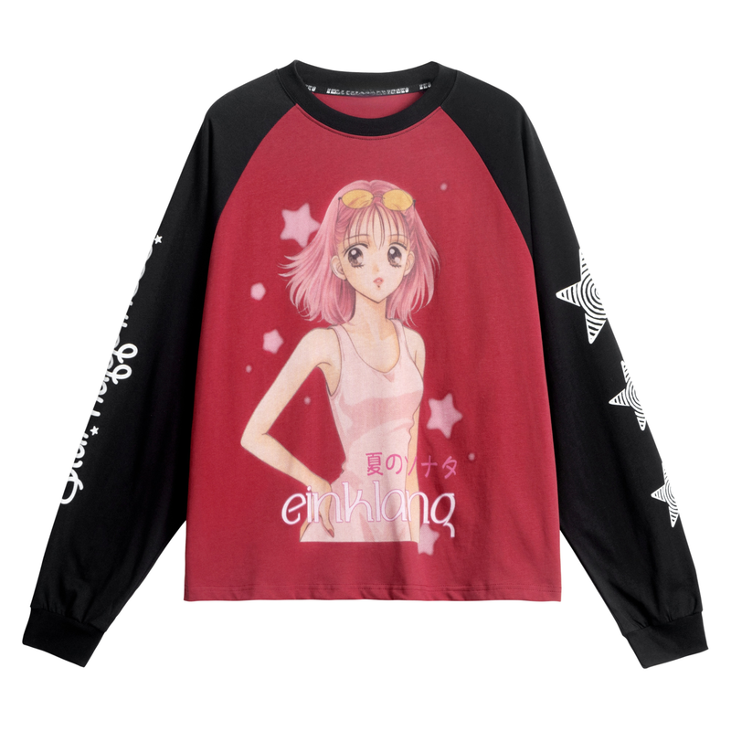 Black raglan long sleeve tee with pink anime girl graphic and red front panel