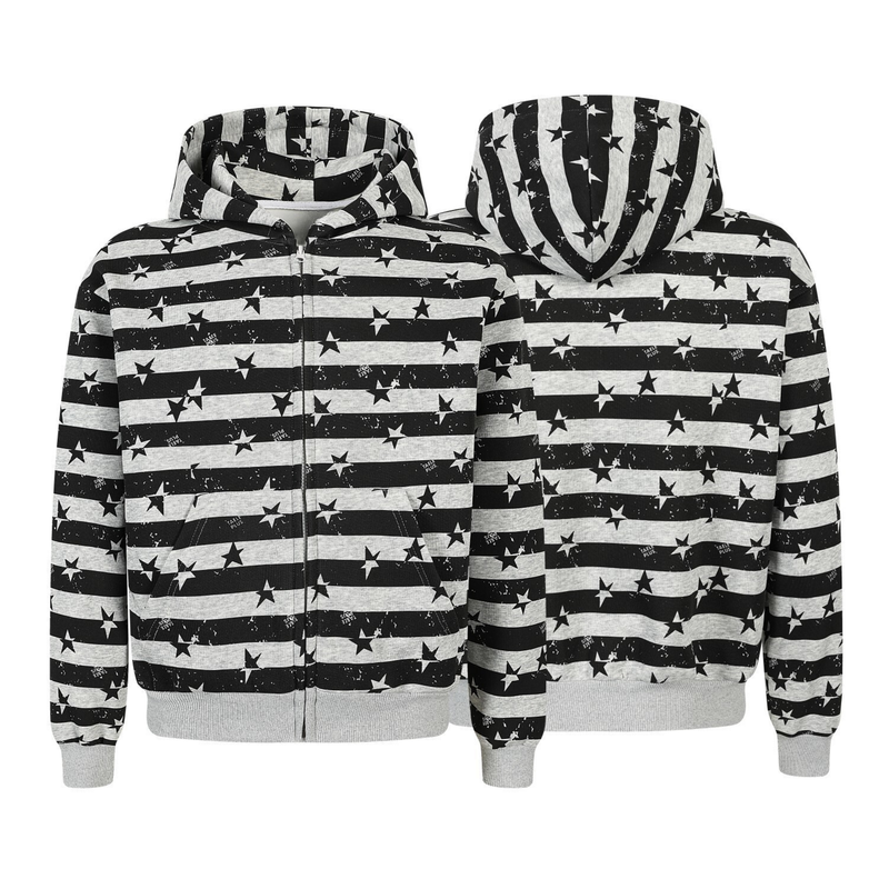 Front and back views of a black and gray striped star print zip-up hoodie