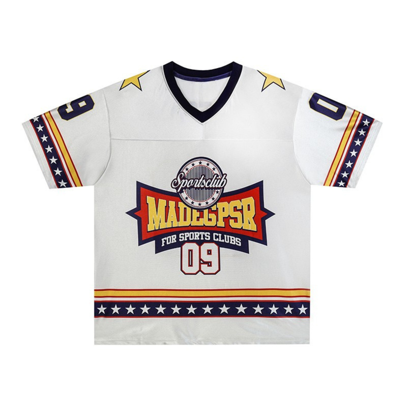 White Americana sports club jersey with navy V-neck, varsity 09 graphic, and patriotic star stripes on sleeves and hem