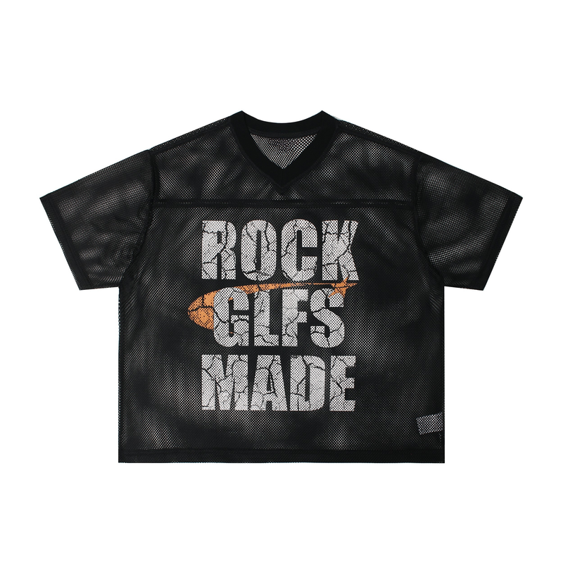 Black oversized mesh football jersey with V-neck and Rock GLFS Made graphic print on front