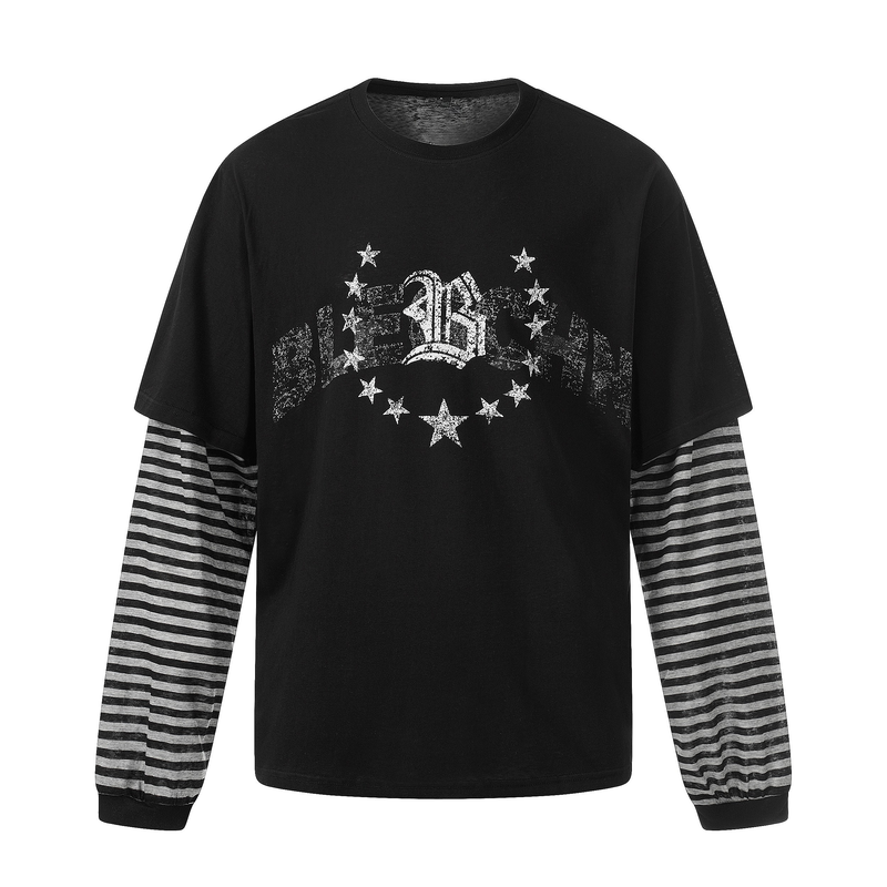 Black long sleeve tee with white distressed star graphic and gray striped sleeves, front view