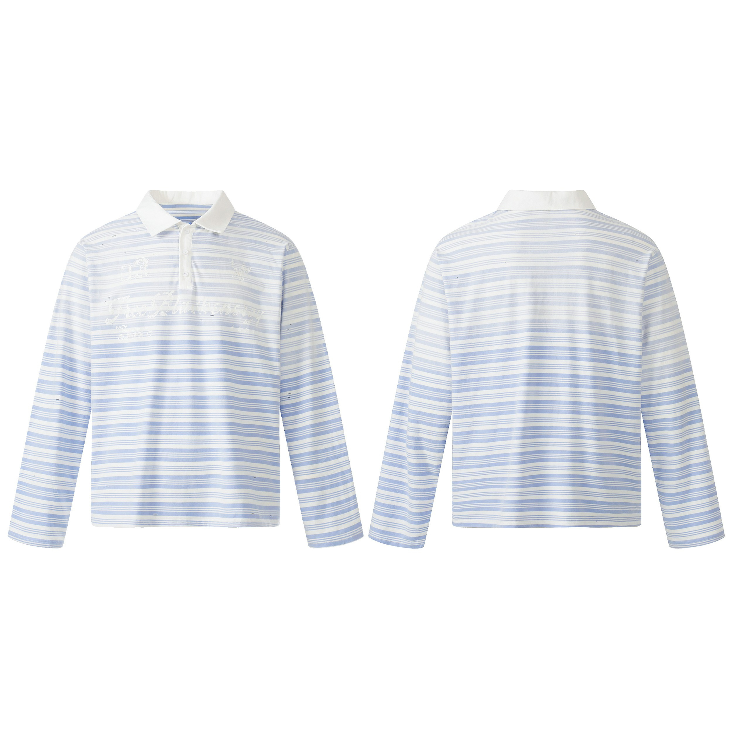 Men's light blue and white striped long sleeve polo shirt with white collar and tonal chest graphic, front and back view