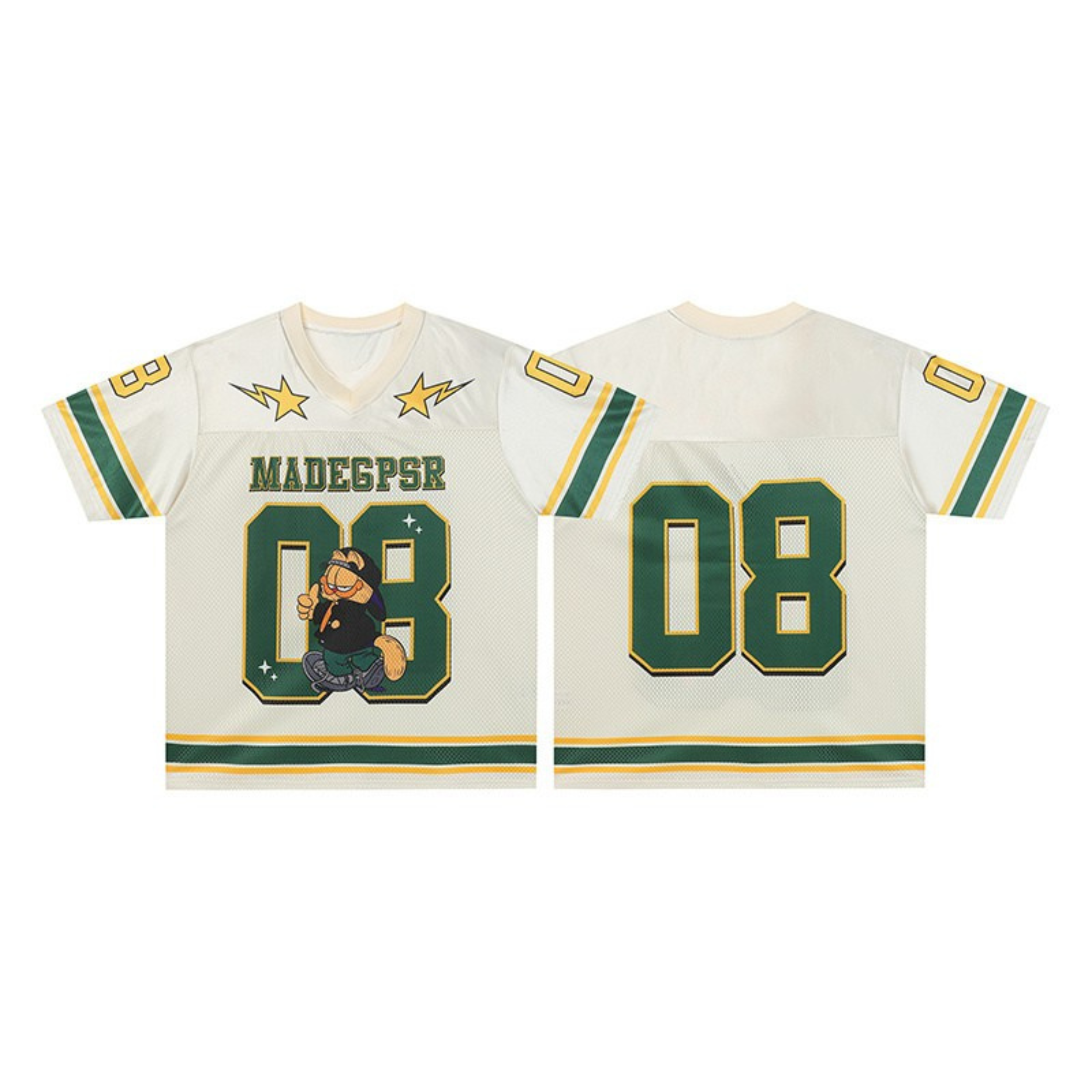 Cream varsity football jersey with Garfield cartoon graphic, green and yellow number 08 print, star accents, front and back v