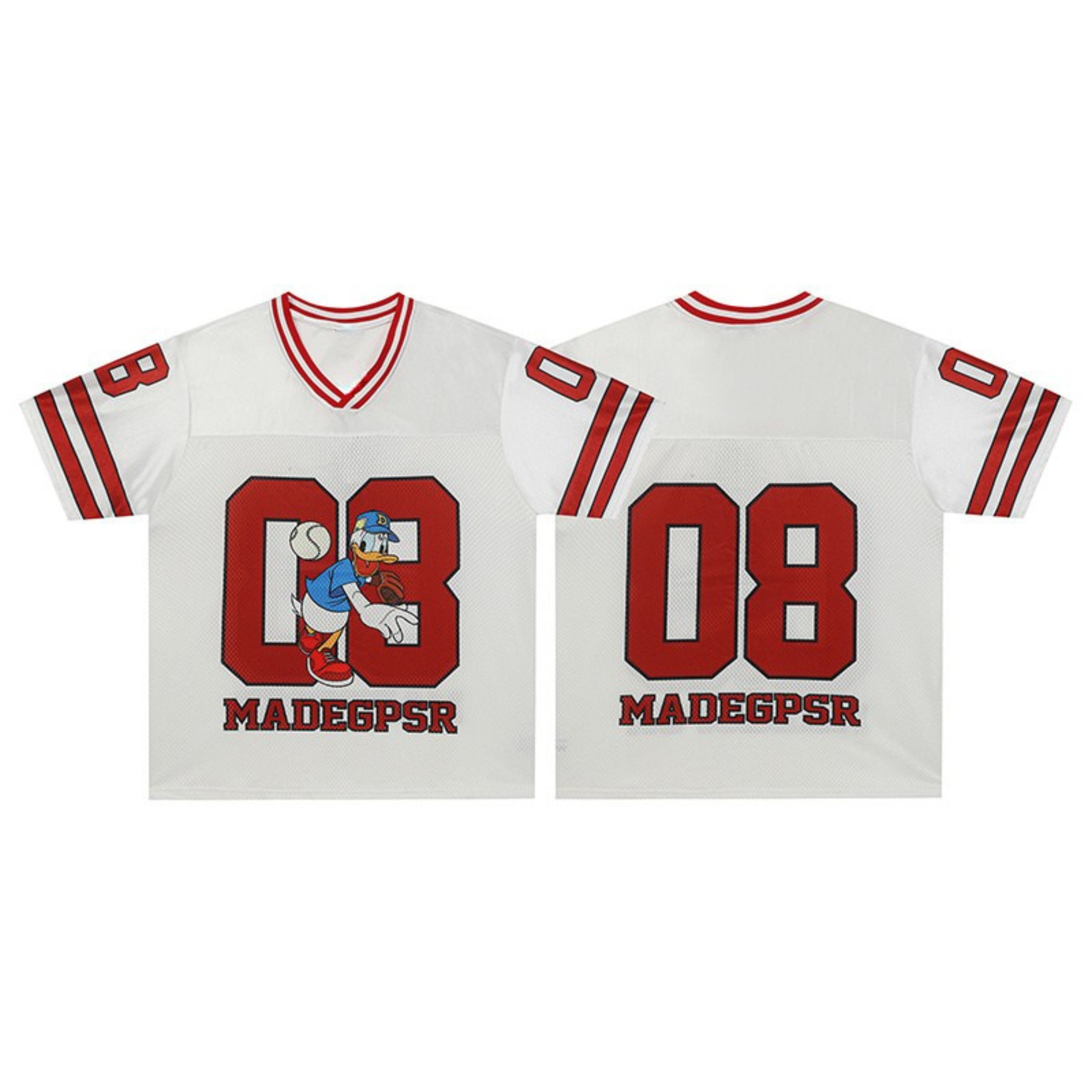 White football jersey with Donald Duck number 08 graphic and red contrast striping, front and back view
