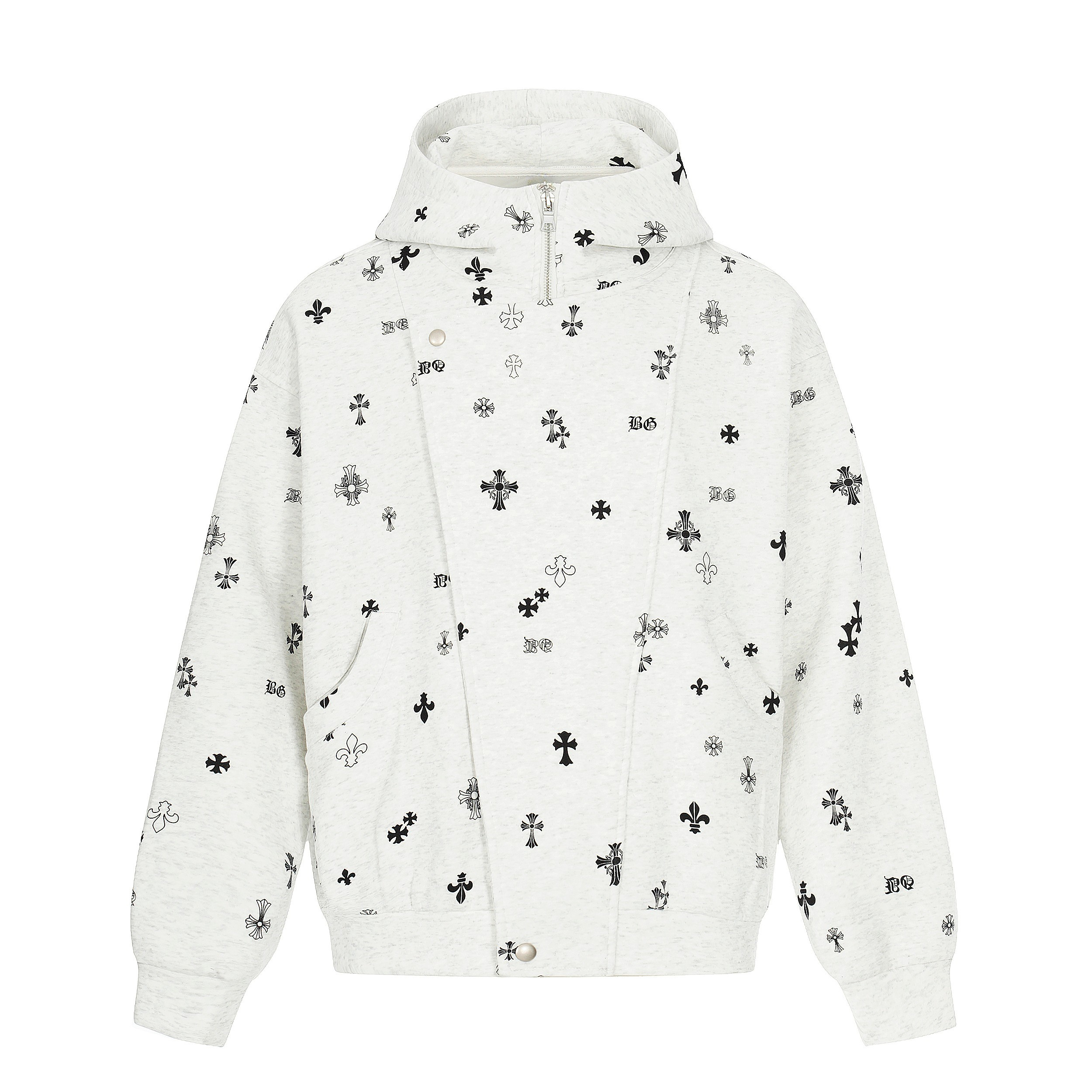 All-Over Gothic Cross Print Hooded Zip Jacket | Streetwear