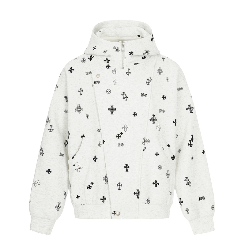 All-Over Gothic Cross Print Hooded Zip Jacket | Streetwear