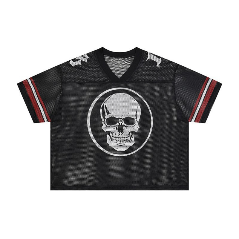 Black mesh football jersey with white skull emblem and red sleeve stripes in gothic street style