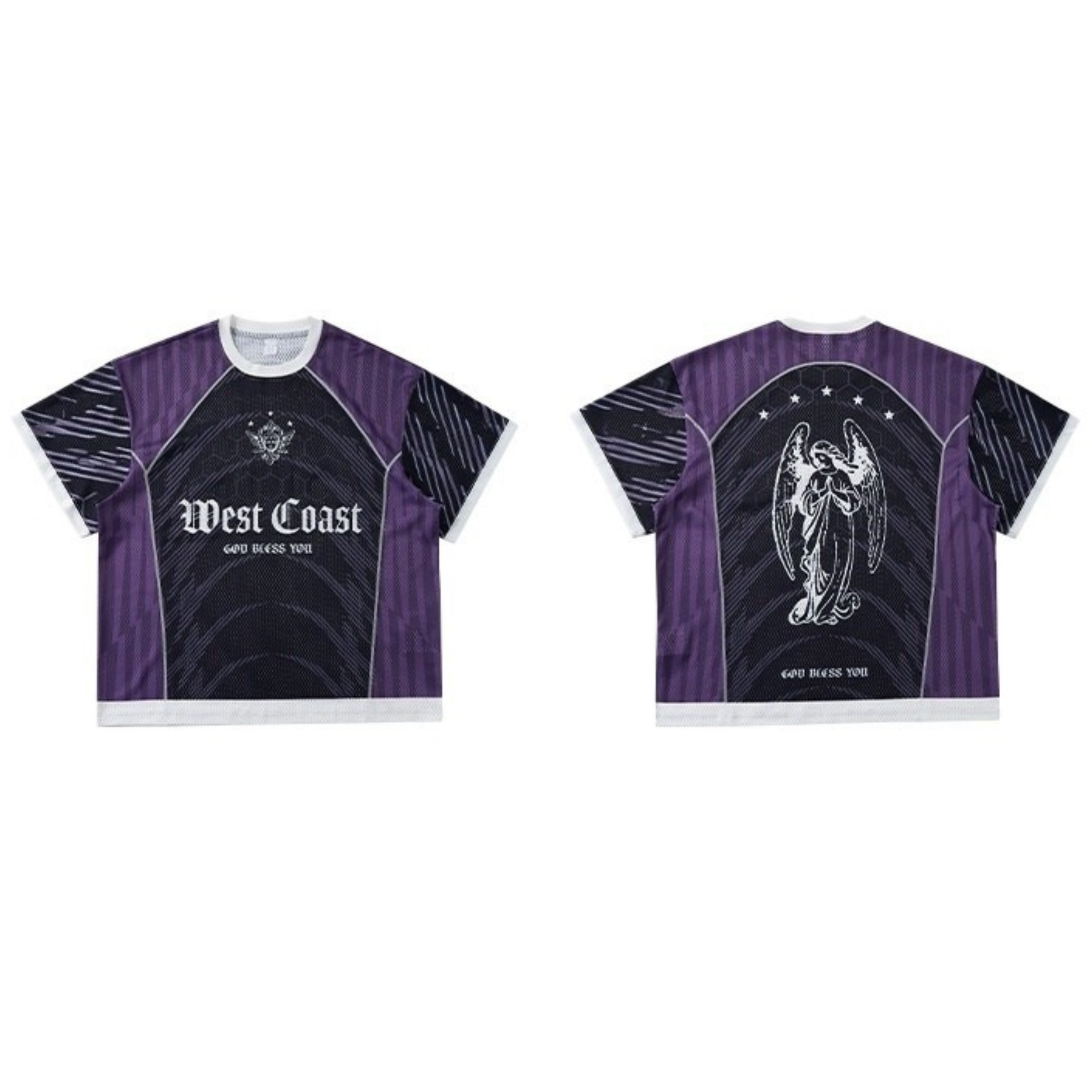 Purple and black West Coast Angel mesh jersey showing front gothic typography and back angel graphic print