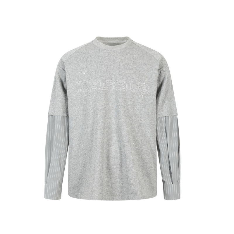 Light gray layered long sleeve tee with white outlined logo and striped sleeve cuffs, front view