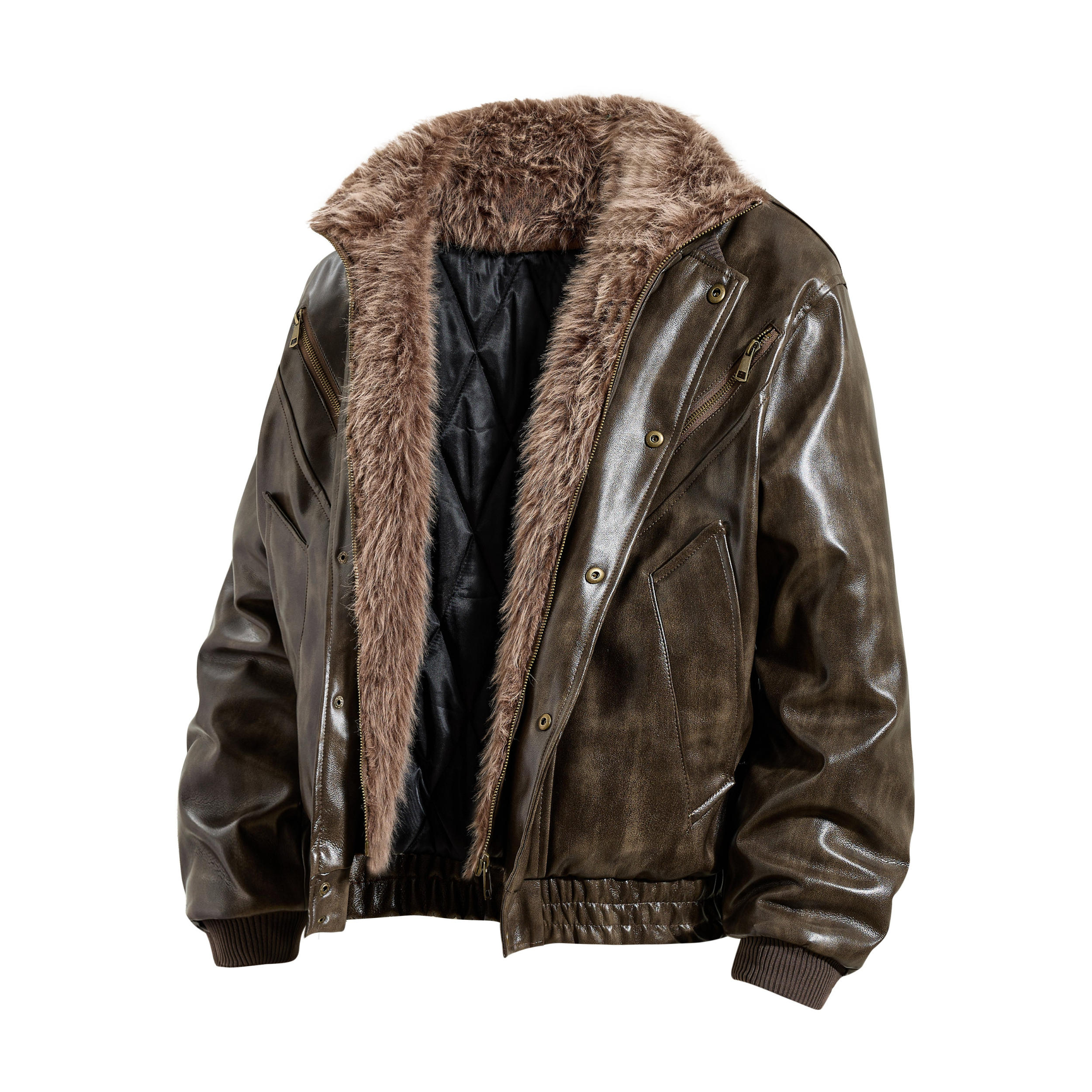 Omirad Faux Leather Bomber Jacket with Faux Fur Collar