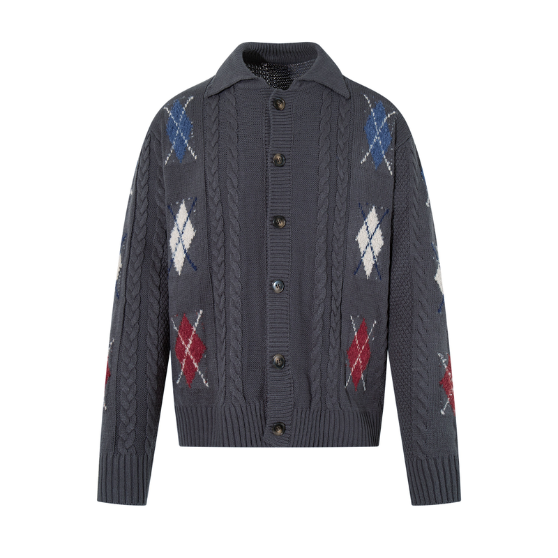 Dark charcoal cable knit cardigan with blue, white, and red argyle pattern, front view