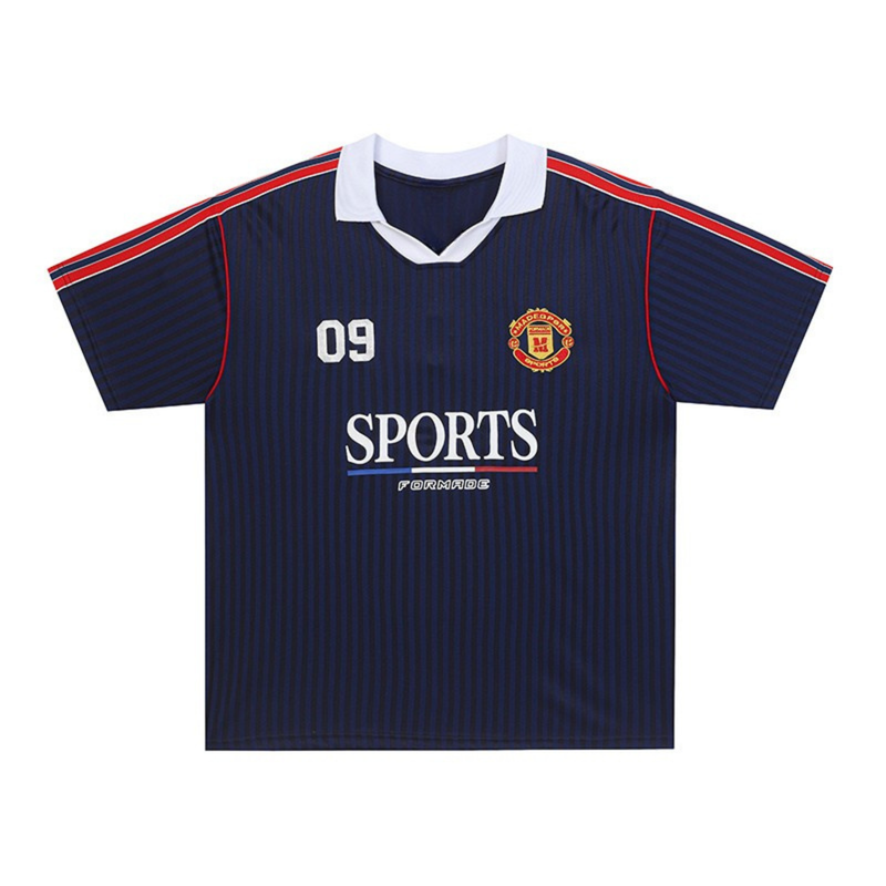 Navy sports club polo jersey with white collar, red shoulder stripes, and football-style crest and number 09