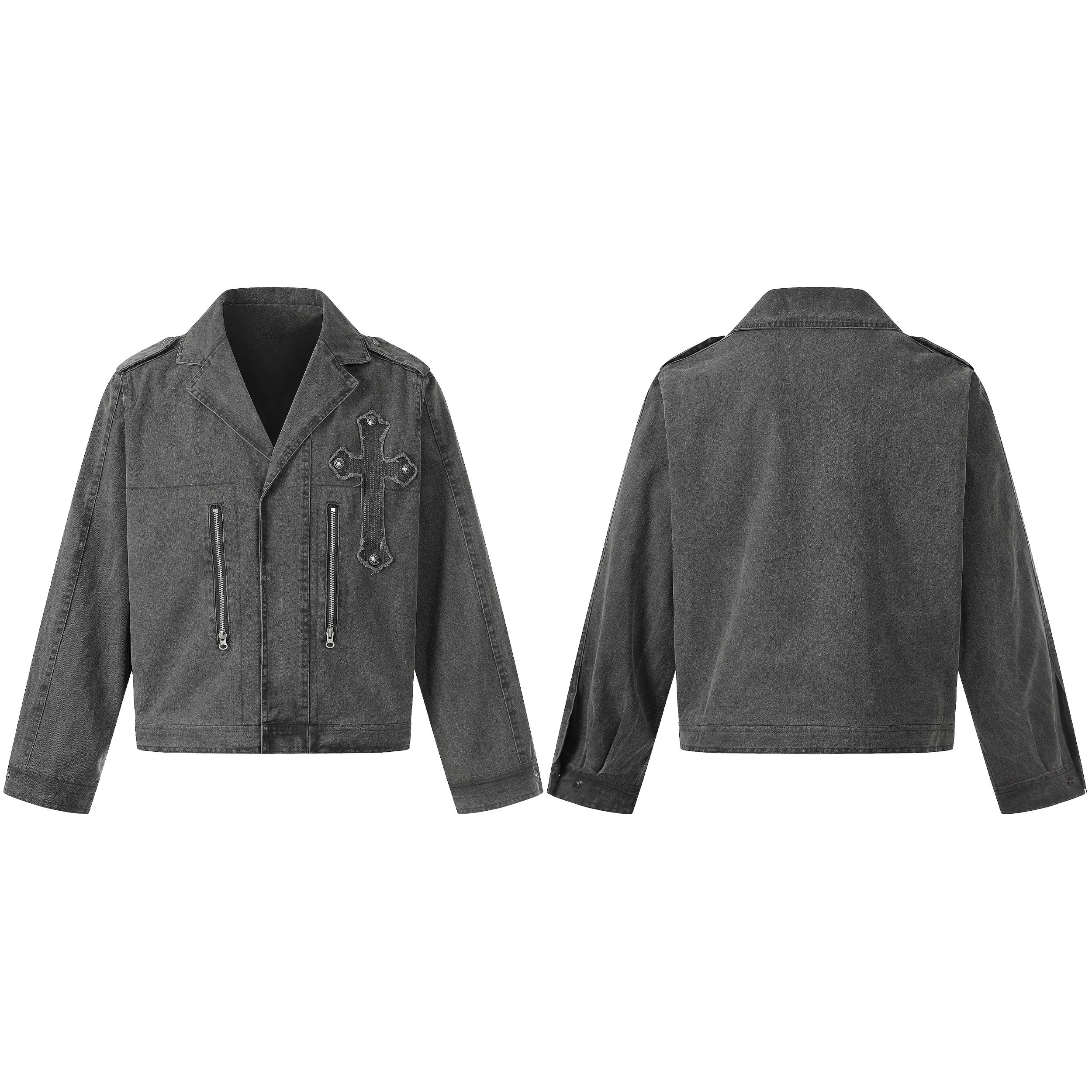 Front and back view of a washed grey cotton denim jacket with a frayed cross patch and dual zip pockets