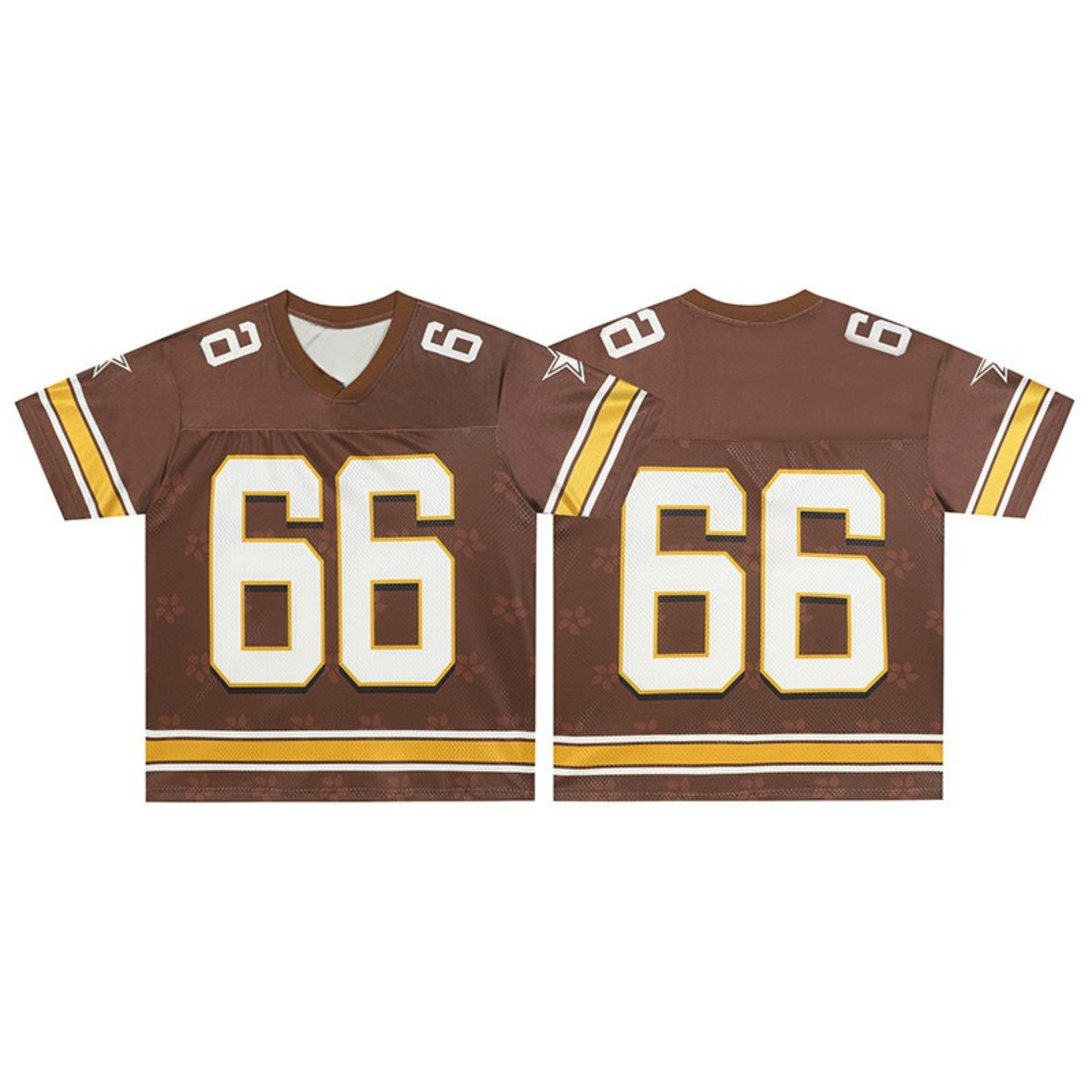 Brown #66 varsity football jersey with gold and white stripe accents shown front and back view