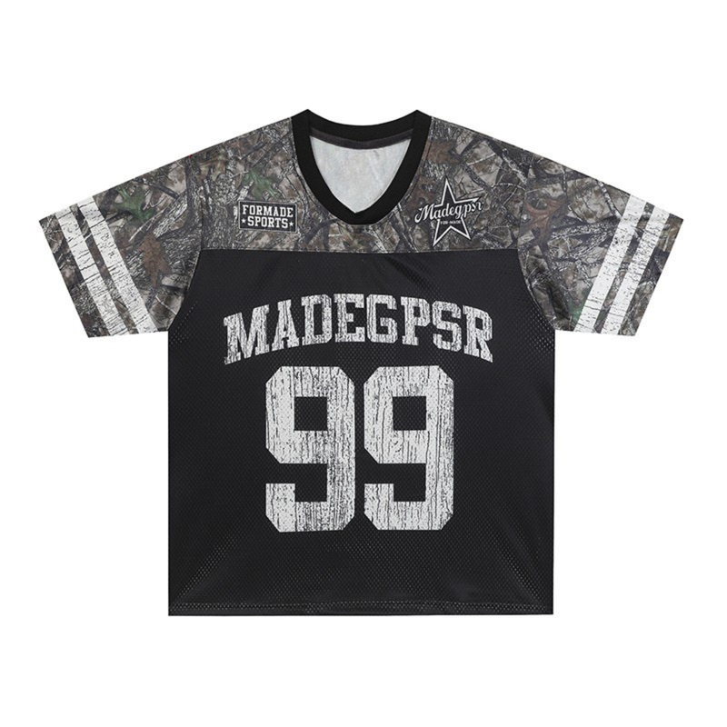 Black camo football jersey with white varsity stripes and distressed number 99 on the front