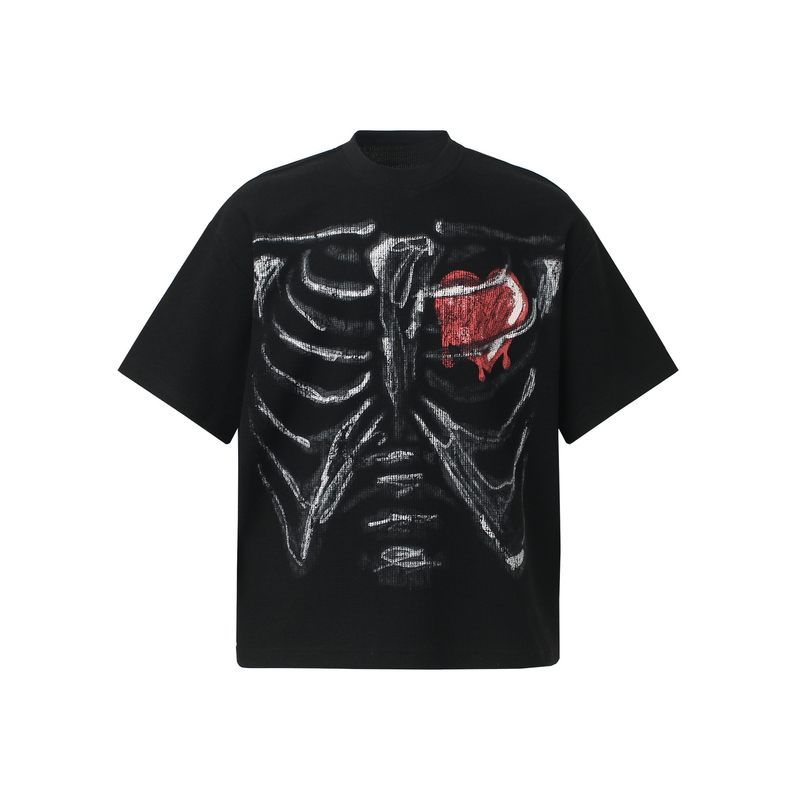 Black oversized streetwear tee with ribcage graphic and red melting heart print on the chest