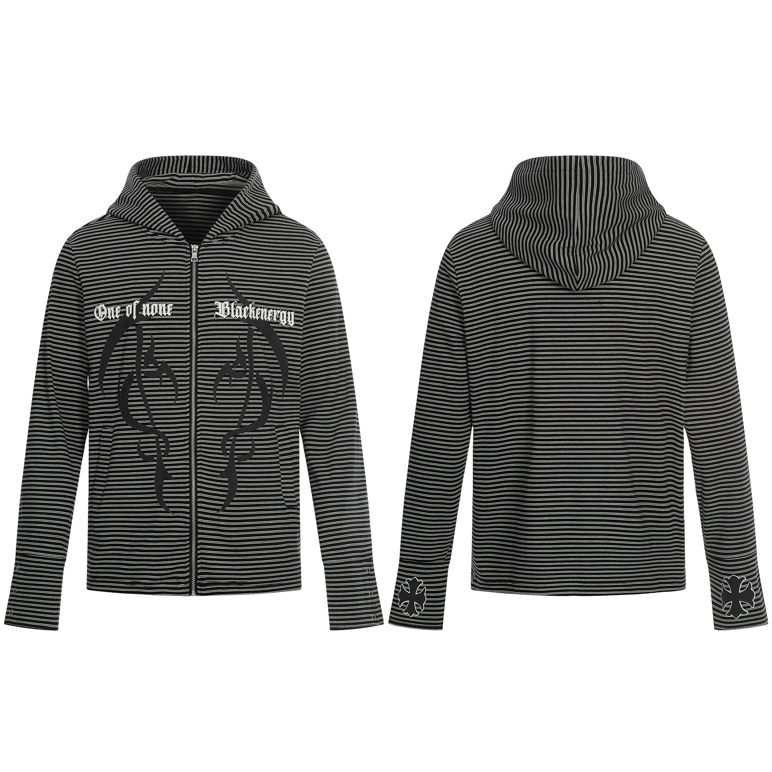 Black and grey striped zip-up hoodie with bold symmetrical chest graphic print, shown front and back view