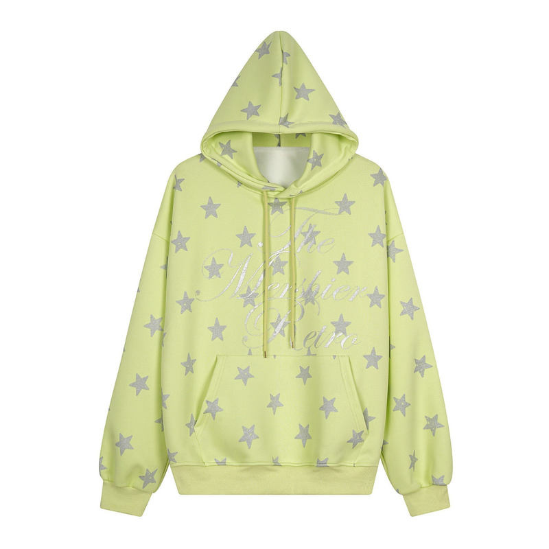 Lime green hoodie with silver star print and glitter script front