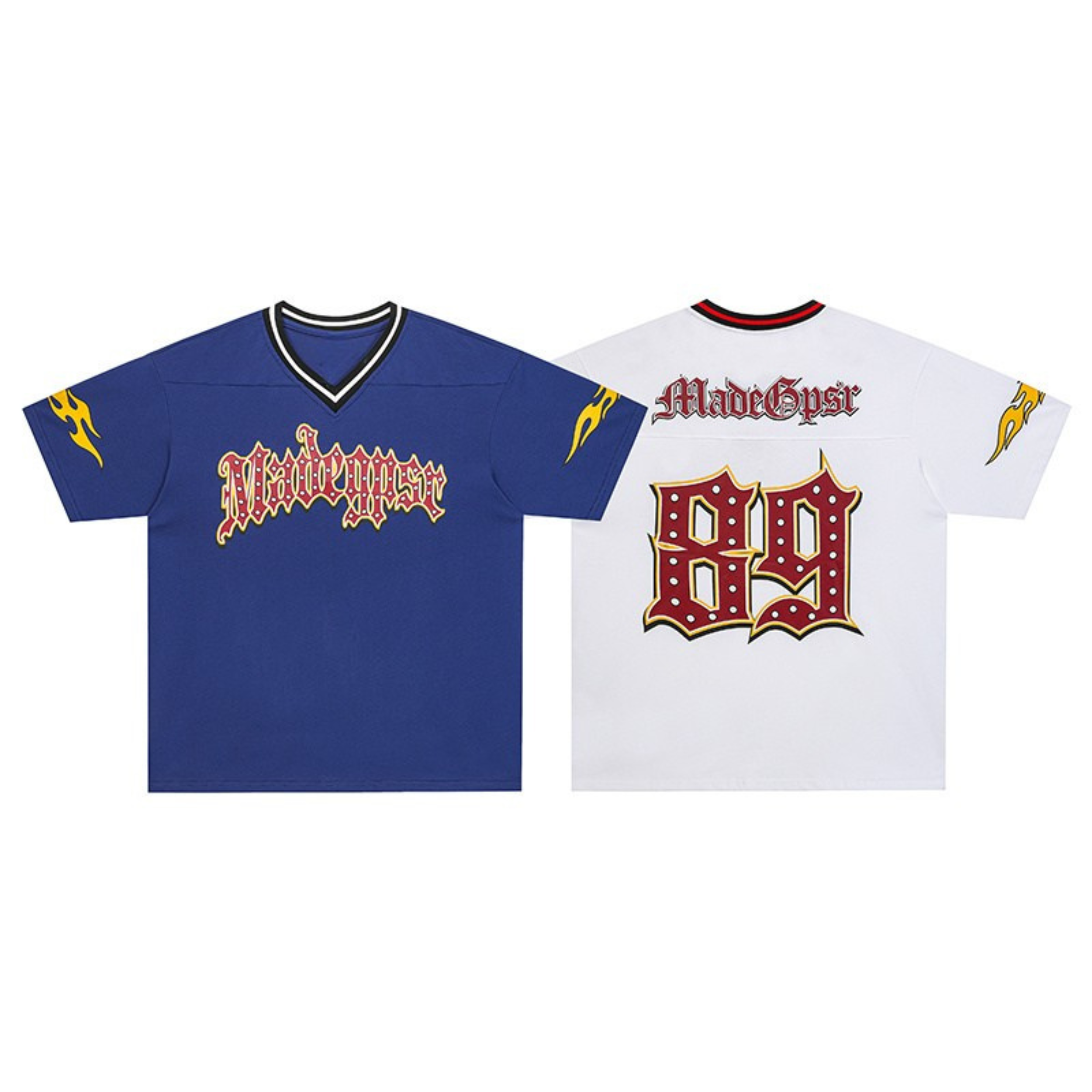 Front and back view of MadeGypsr Gothic Flame Cotton Jersey in blue and white with flame sleeve graphics and number 89