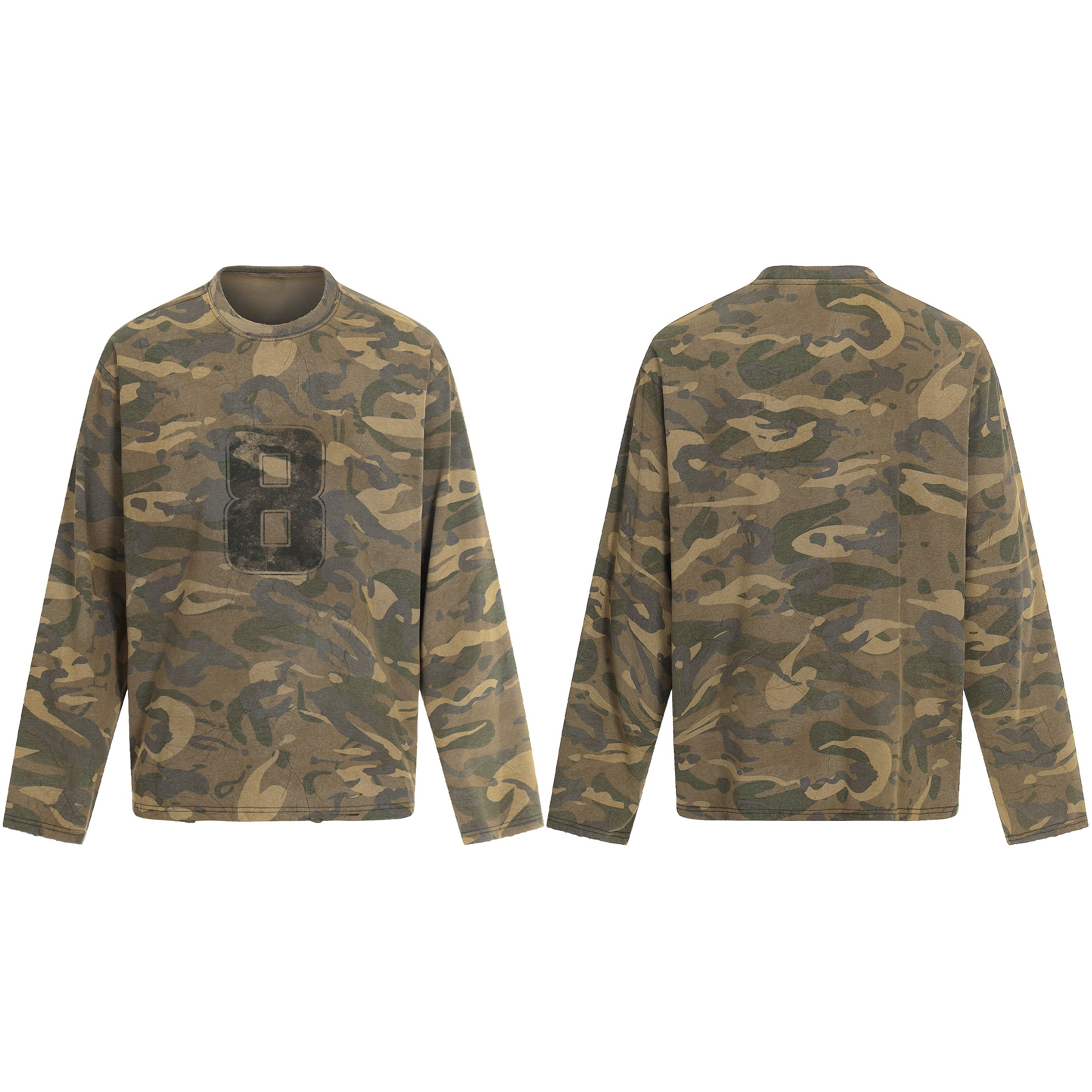 Front and back view of a relaxed-fit woodland camo long sleeve tee with a faded number 8 graphic on the chest