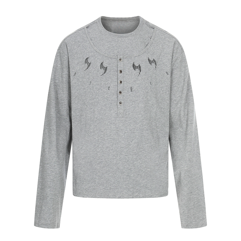 Gray long sleeve henley tee with black chest graphics, front view