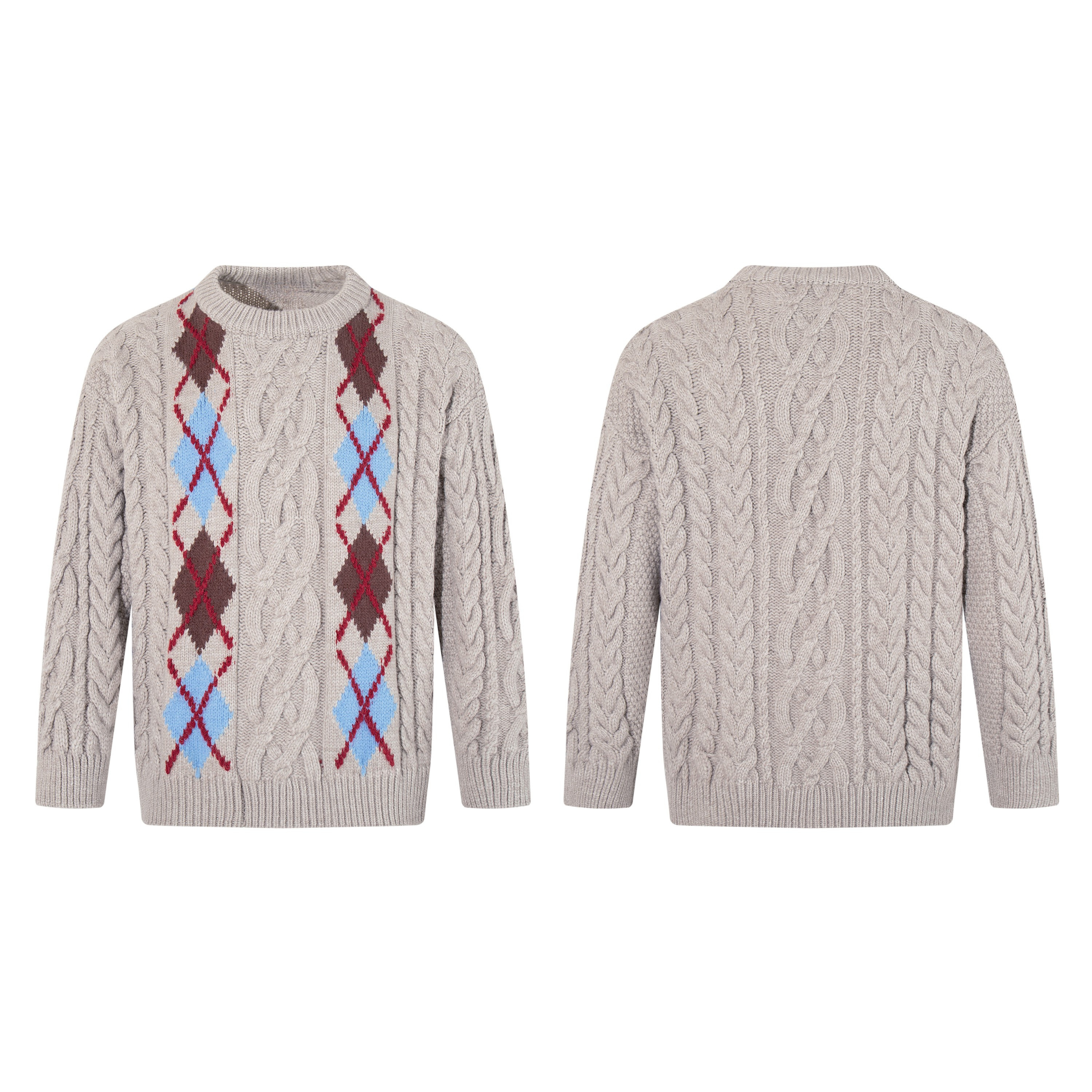 Grey cable knit sweater with burgundy, blue, and brown argyle diamond panels on the front, shown front and back
