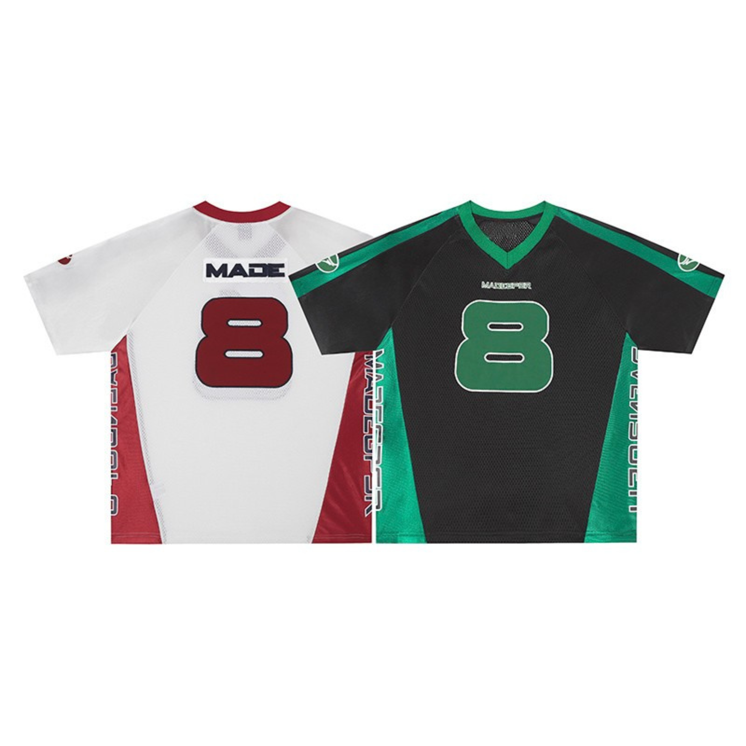 Omirad Number 8 performance jerseys in white-red and black-green colorways, laid flat on white background