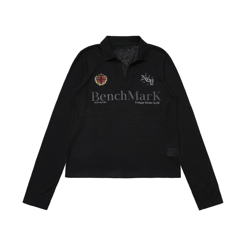 Black long sleeve mesh polo with front BenchMarK and crest graphics