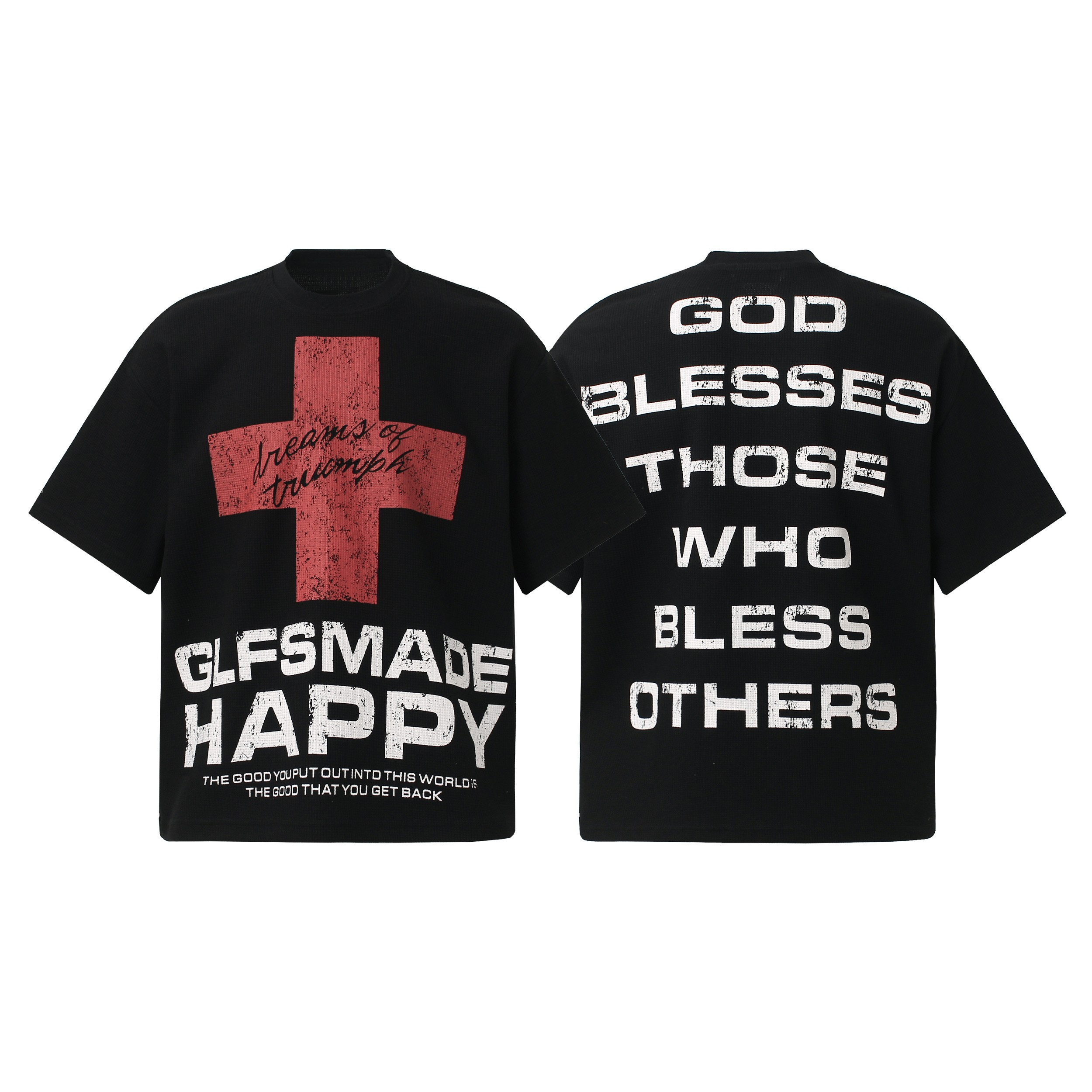 Black oversized graphic tee with distressed red cross and GLFSMADE HAPPY bold white text on front, streetwear style