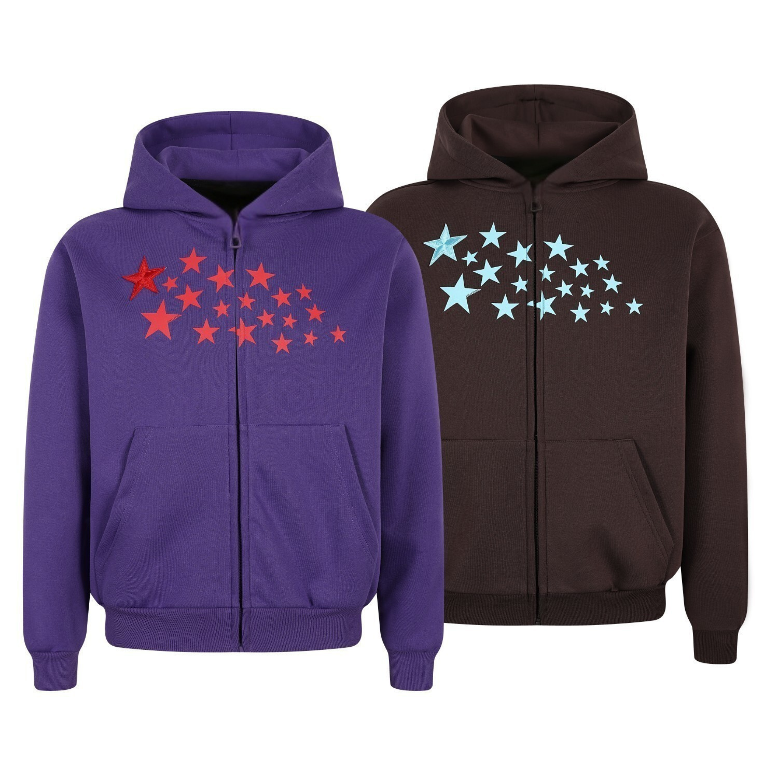 Purple zip-up hoodie with scattered red star cluster embroidery on the chest, relaxed fit with kangaroo pocket and ribbed cuf