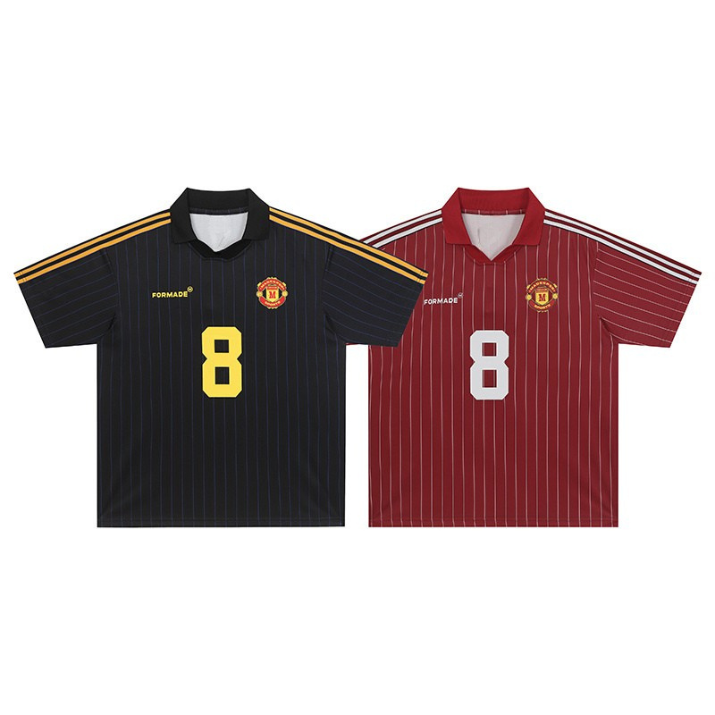 Black and red vintage pinstripe football jerseys with number 8 and gold and white contrast shoulder stripes by Formade