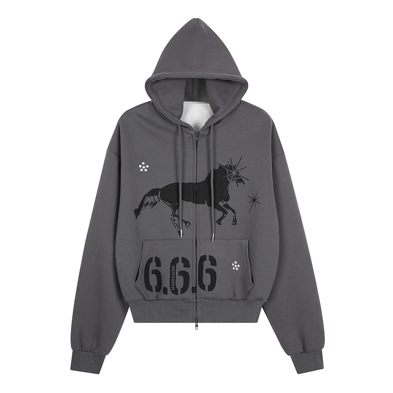 Charcoal gray zip-up hoodie with black unicorn graphic, front view