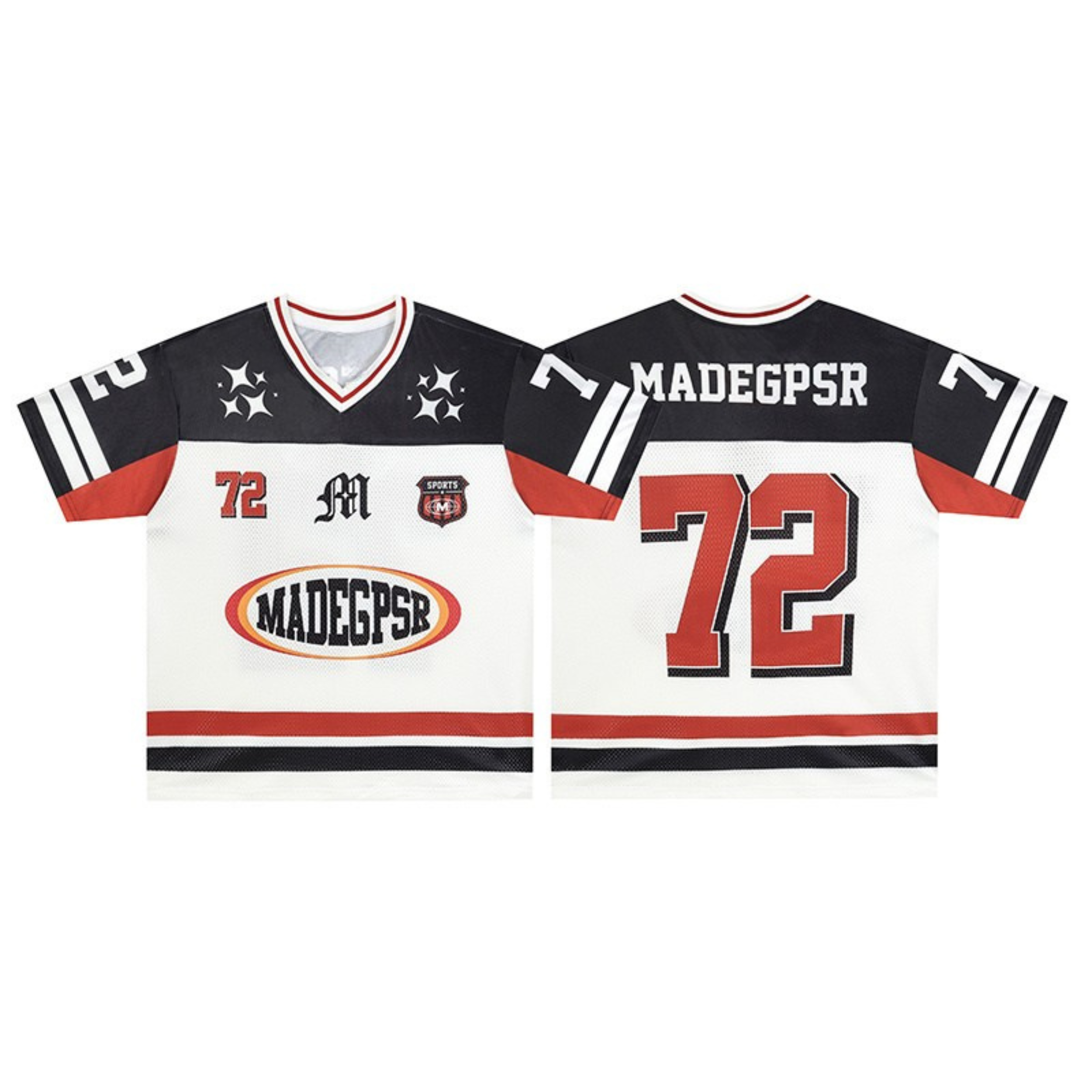 Front and back view of a black and white mesh football jersey with red accents, number 72, and MADEGPSR branding