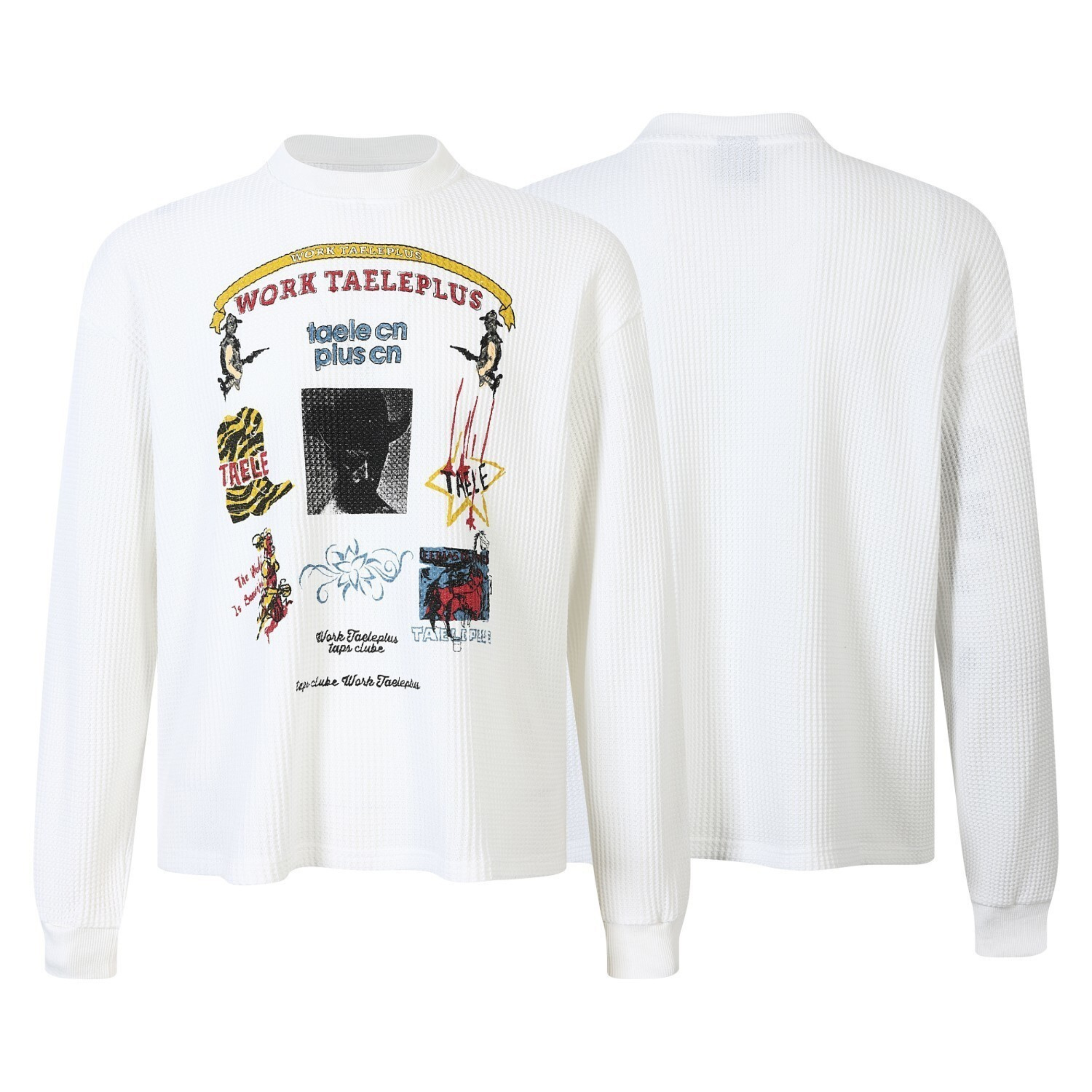 White waffle-knit long sleeve tee with collage-style graphic print on front, shown from front and back