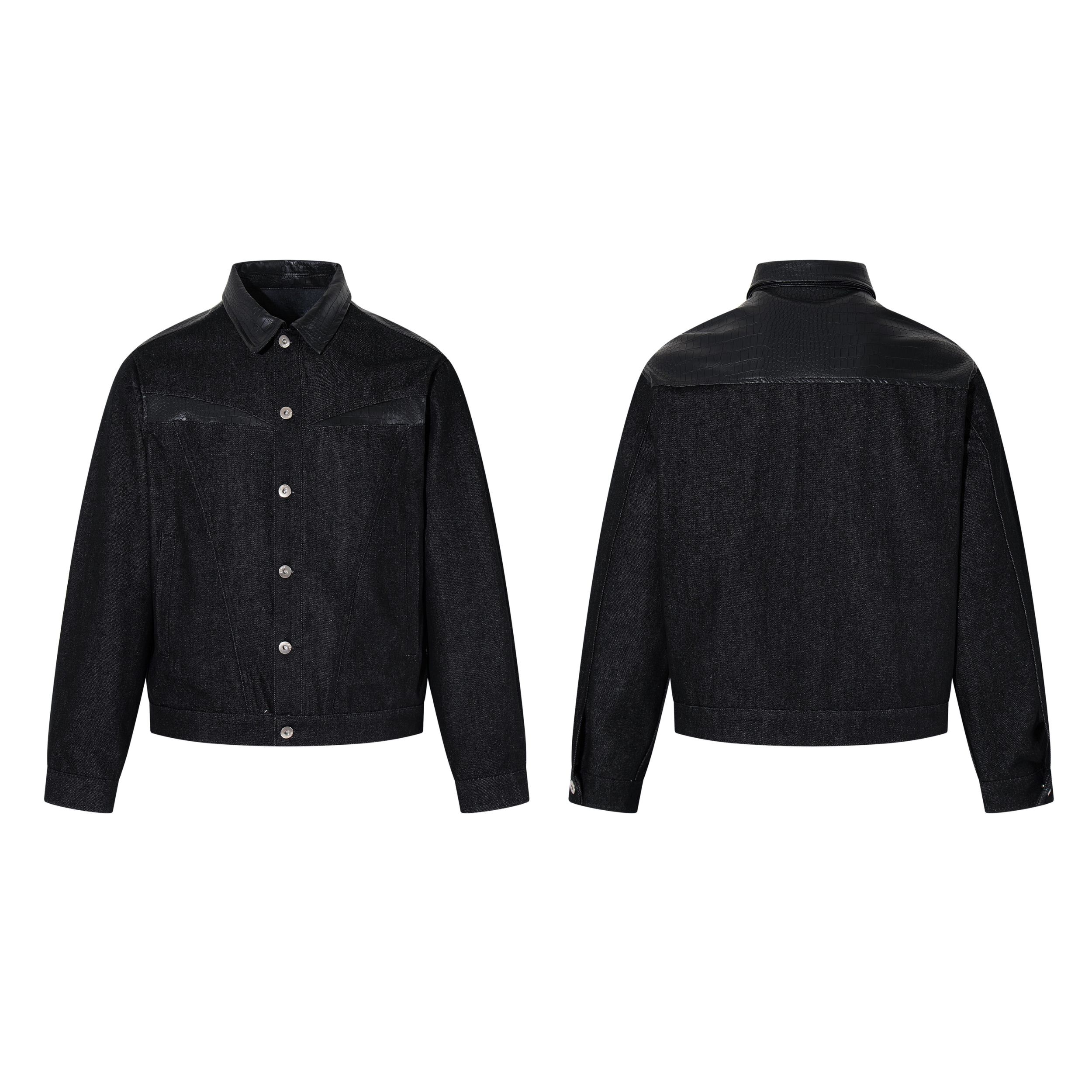 Front and back view of the Omirad black denim panel jacket with contrast upper panel and silver buttons