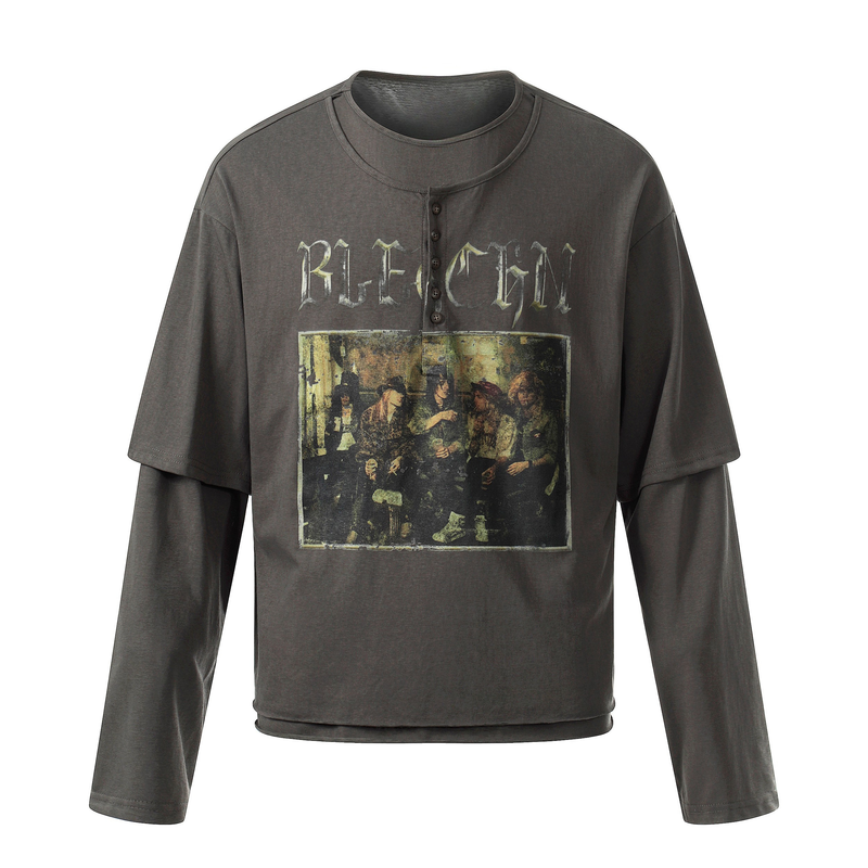 Charcoal long sleeve tee with layered short-sleeve overlay and faded graphic print front